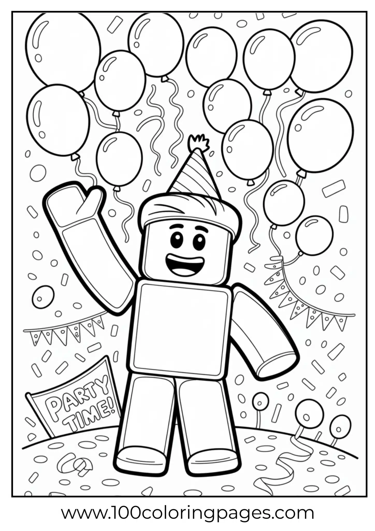Block character with a party hat among balloons and confetti