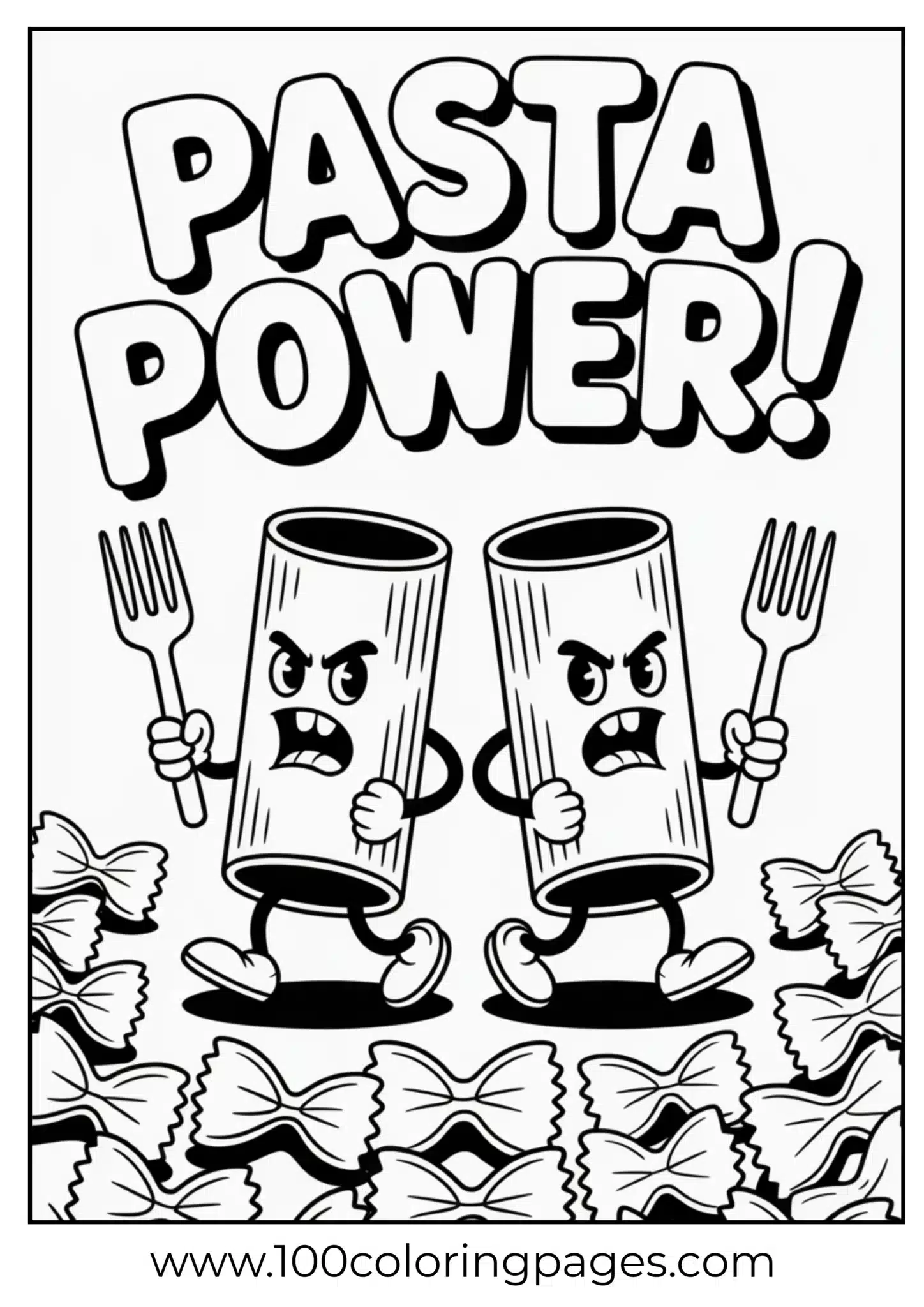 Animated pasta characters with faces holding forks