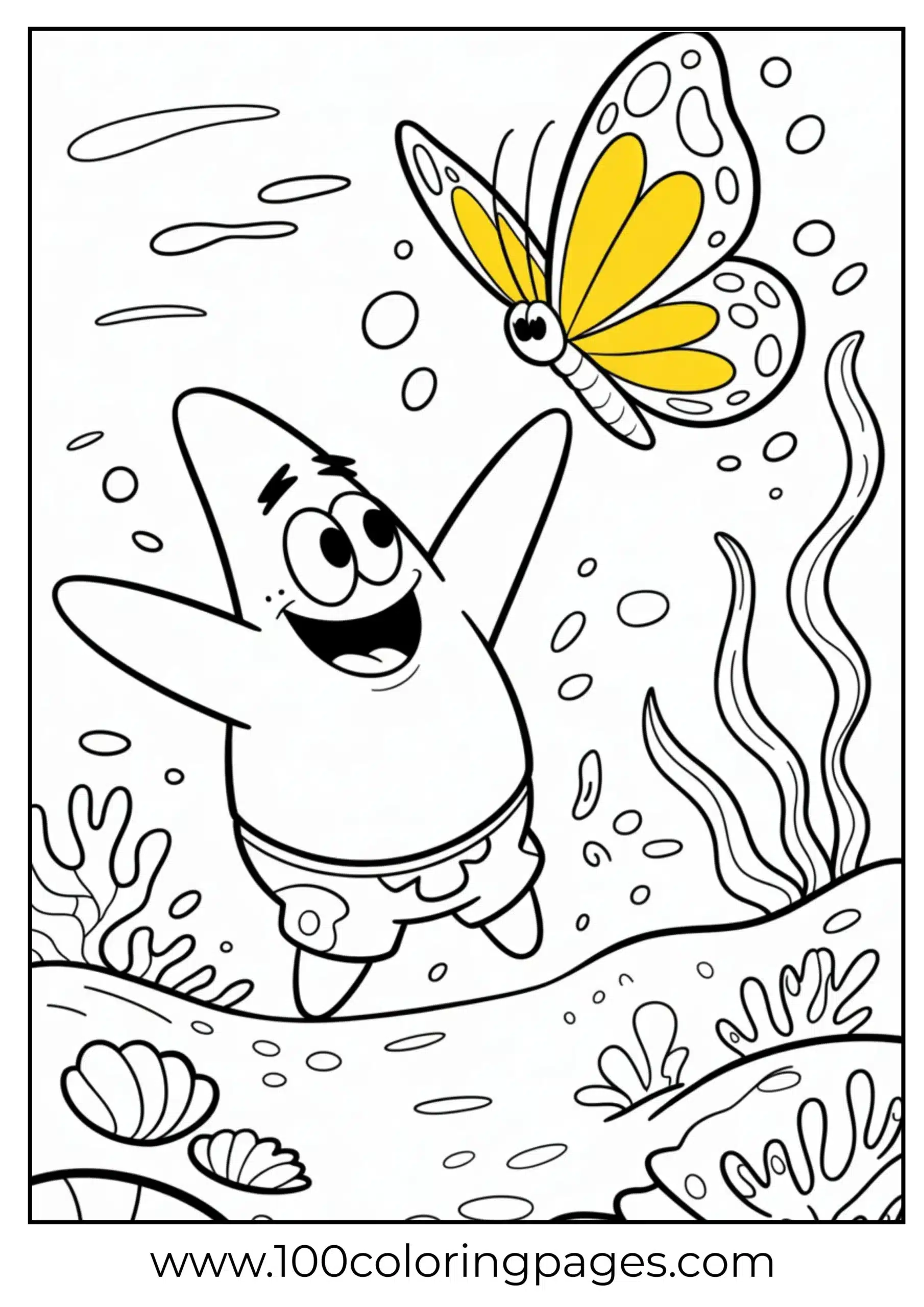 Patrick running behind butterfly as coloring page