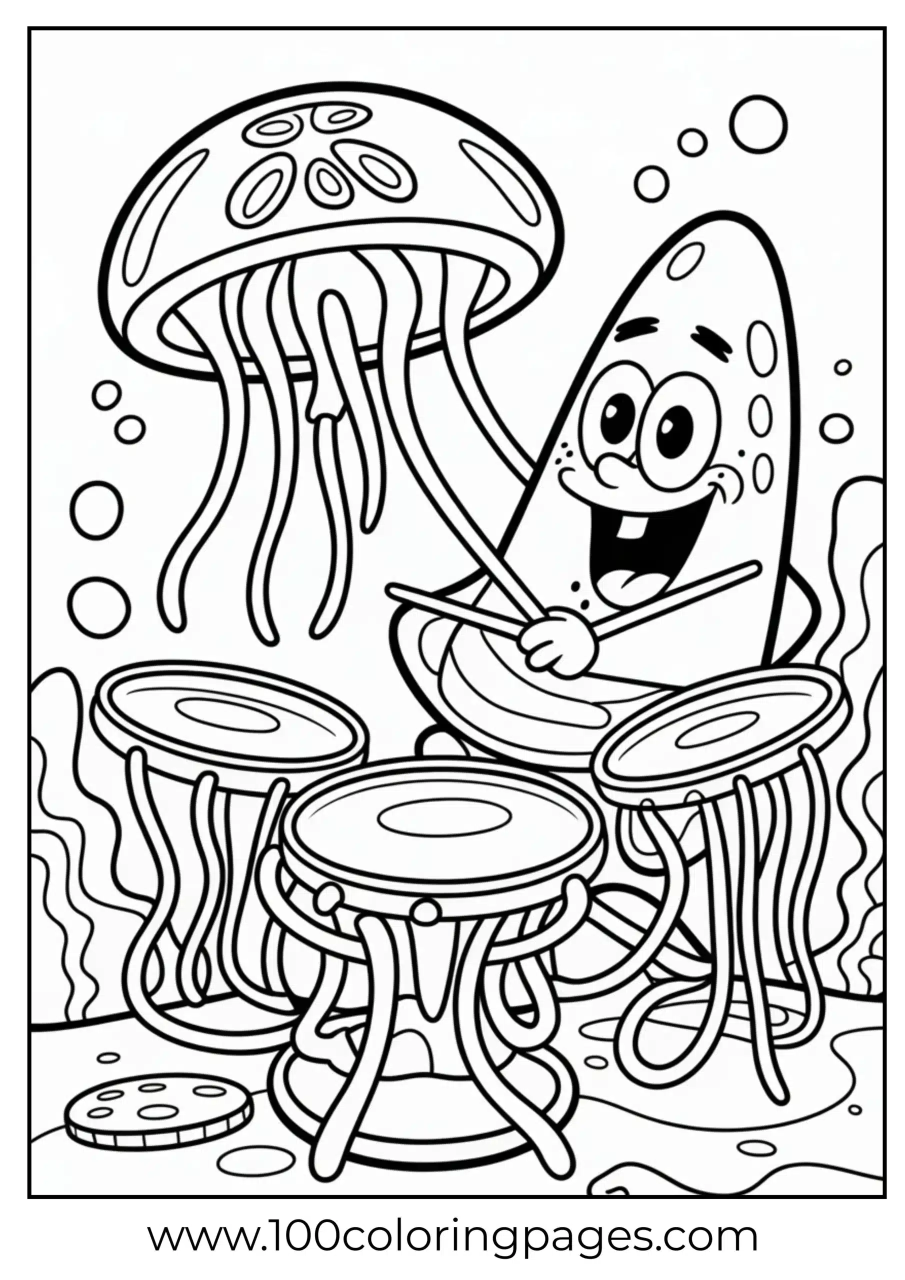 Patrick drumming jellyfish with happy rhythm