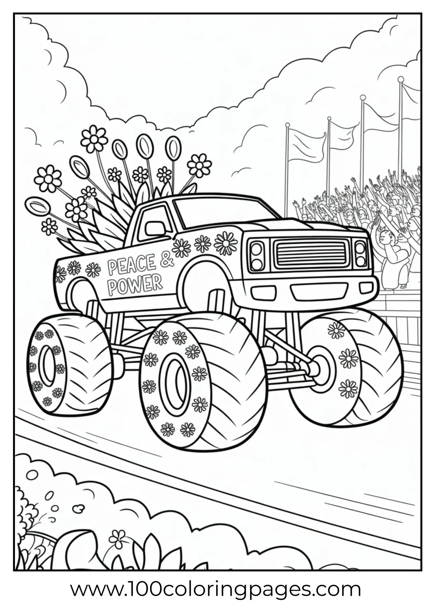 Monster truck decorated with flowers in peace parade