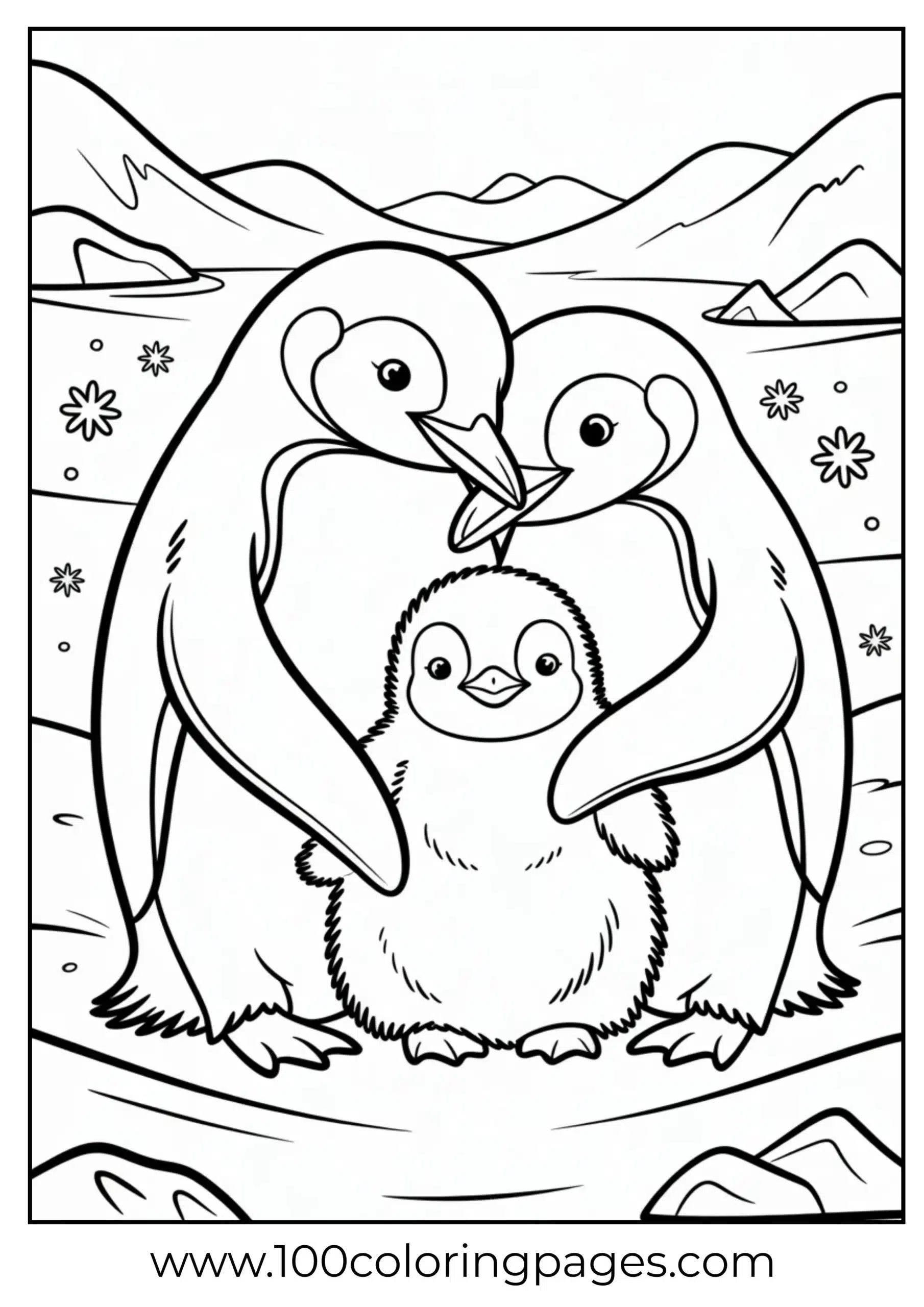 Cute penguin family group coloring page