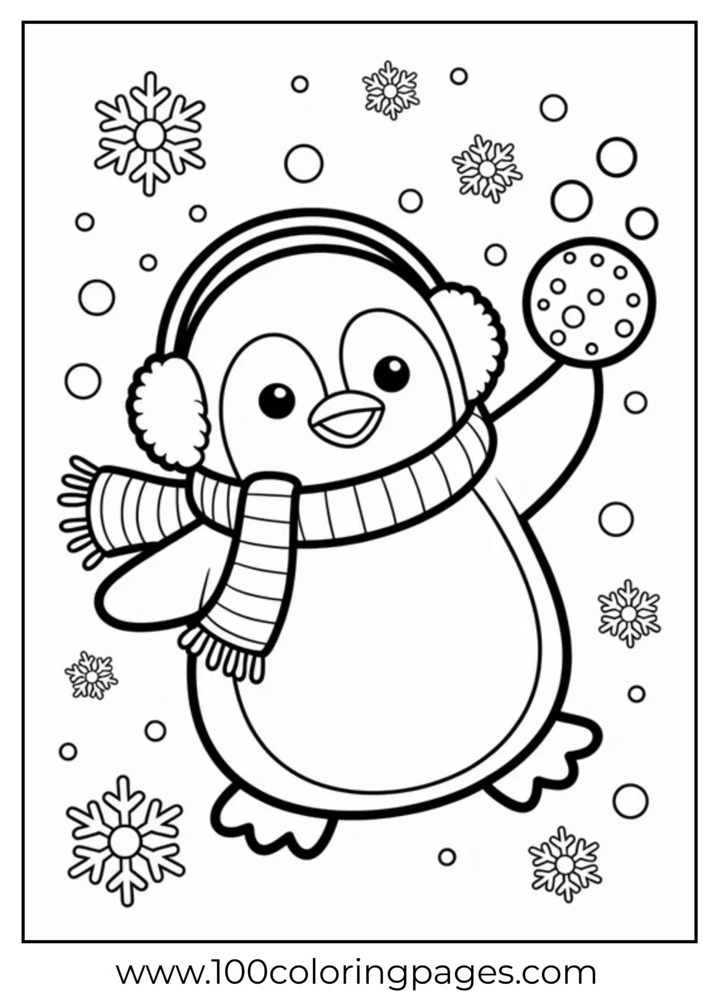 Penguin in earmuffs holding a cookie surrounded by snowflakes
