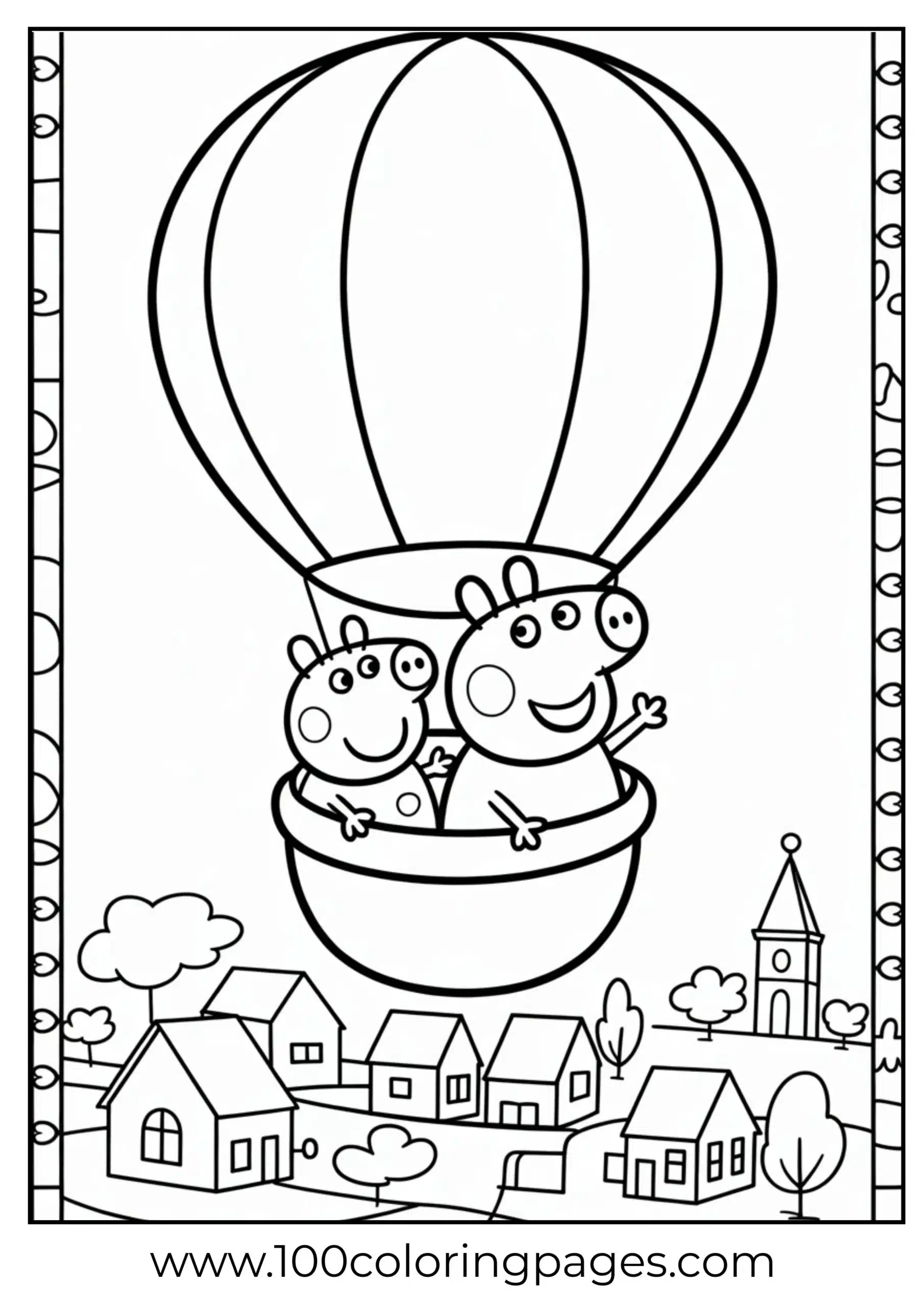 Peppa and George in hot air balloon waving coloring page