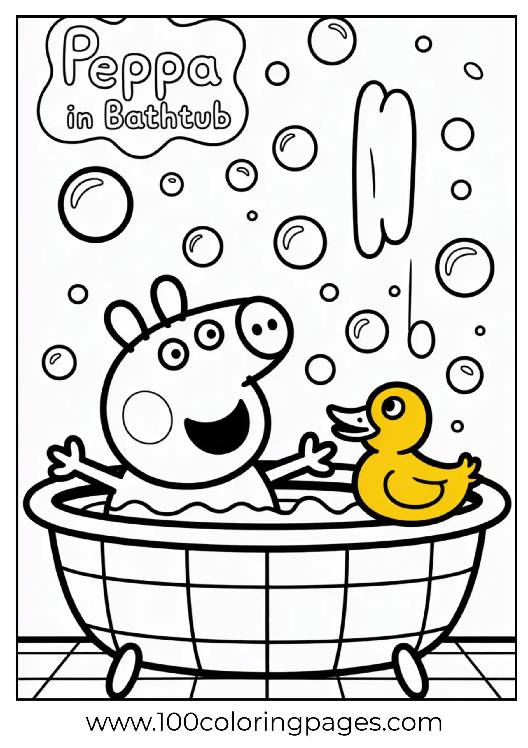 Peppa Pig taking a bubble bath with toy duck coloring page