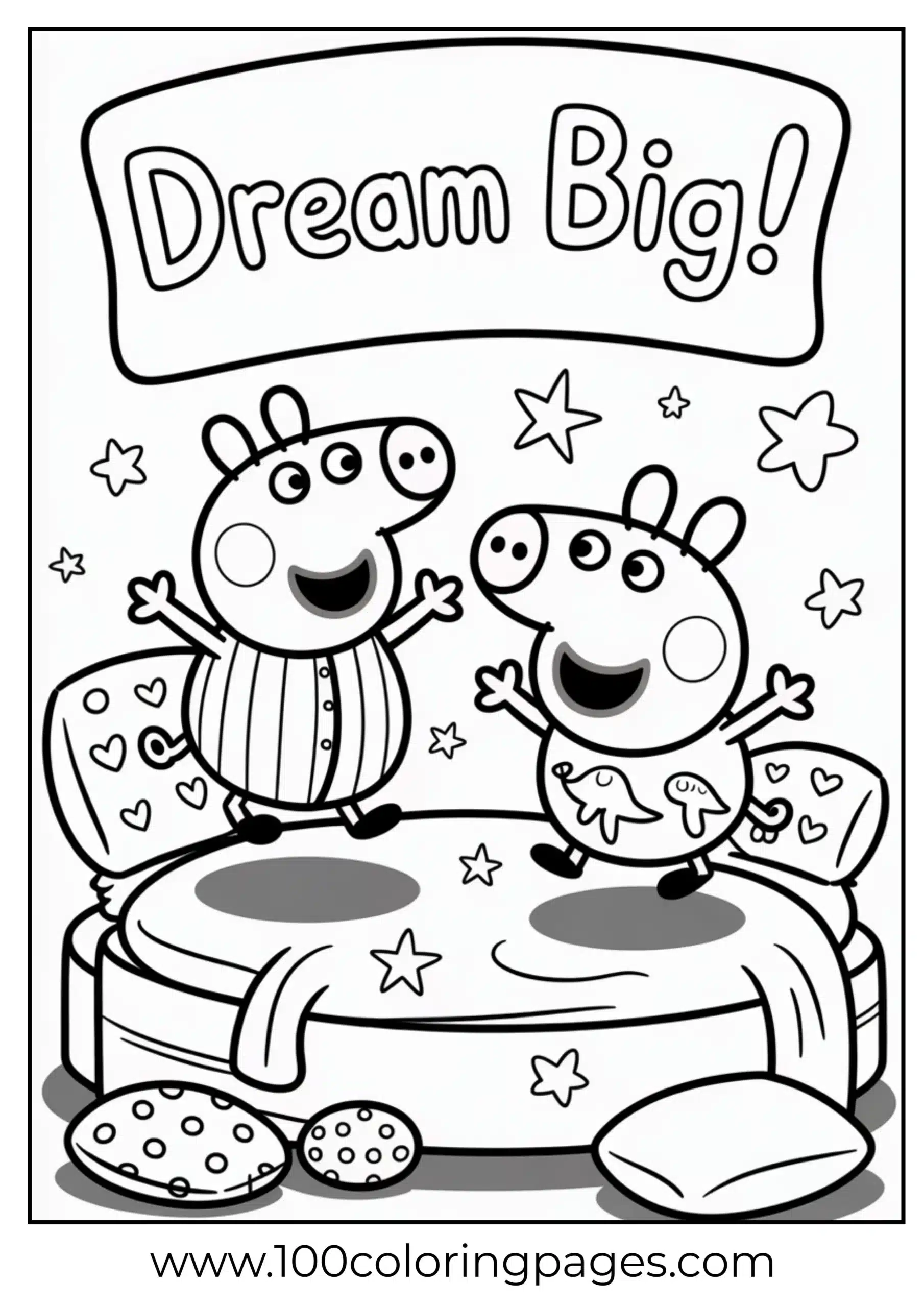 Peppa and George jumping on bed in pajamas coloring page