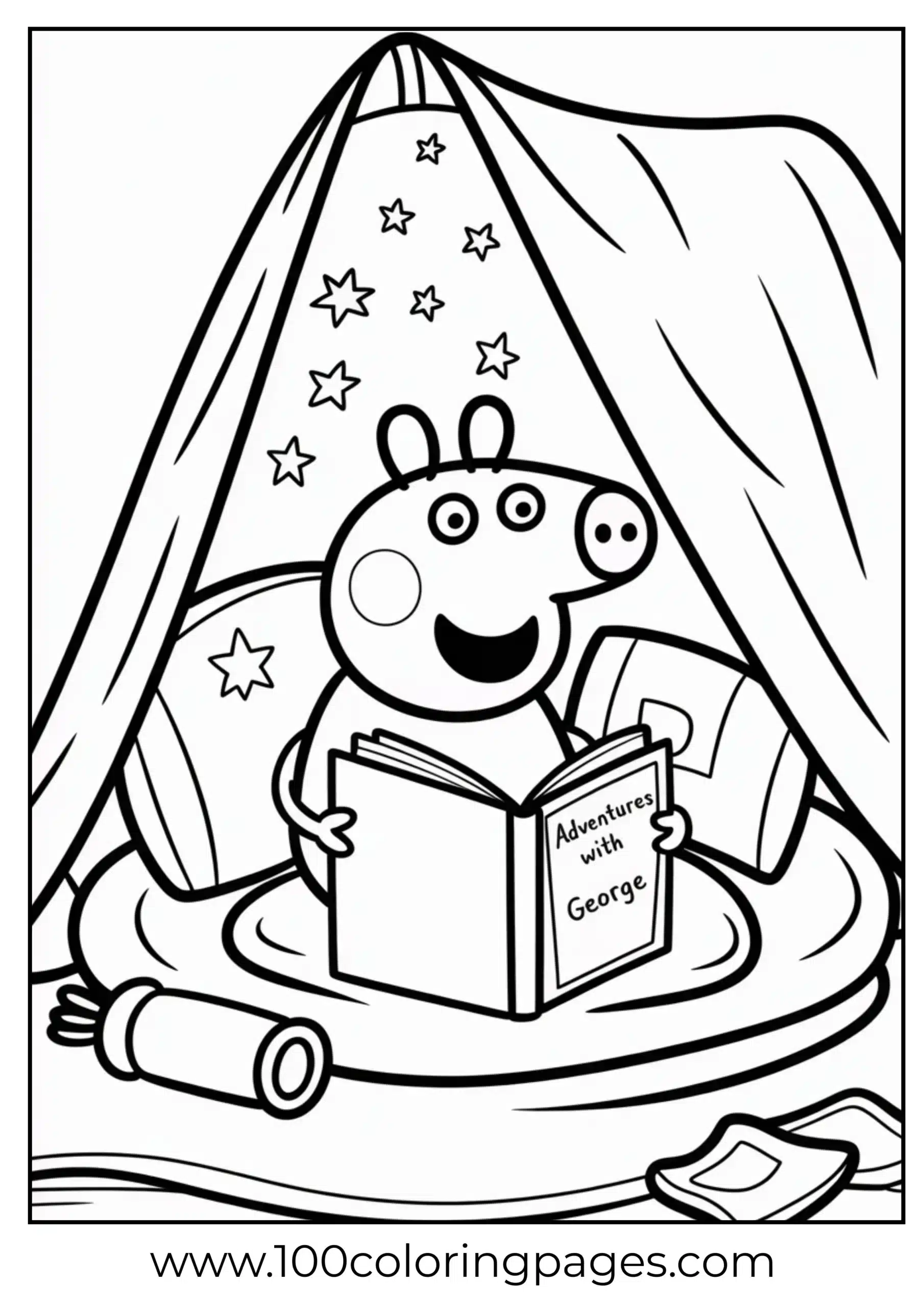 Peppa reading book in blanket fort with flashlight coloring page