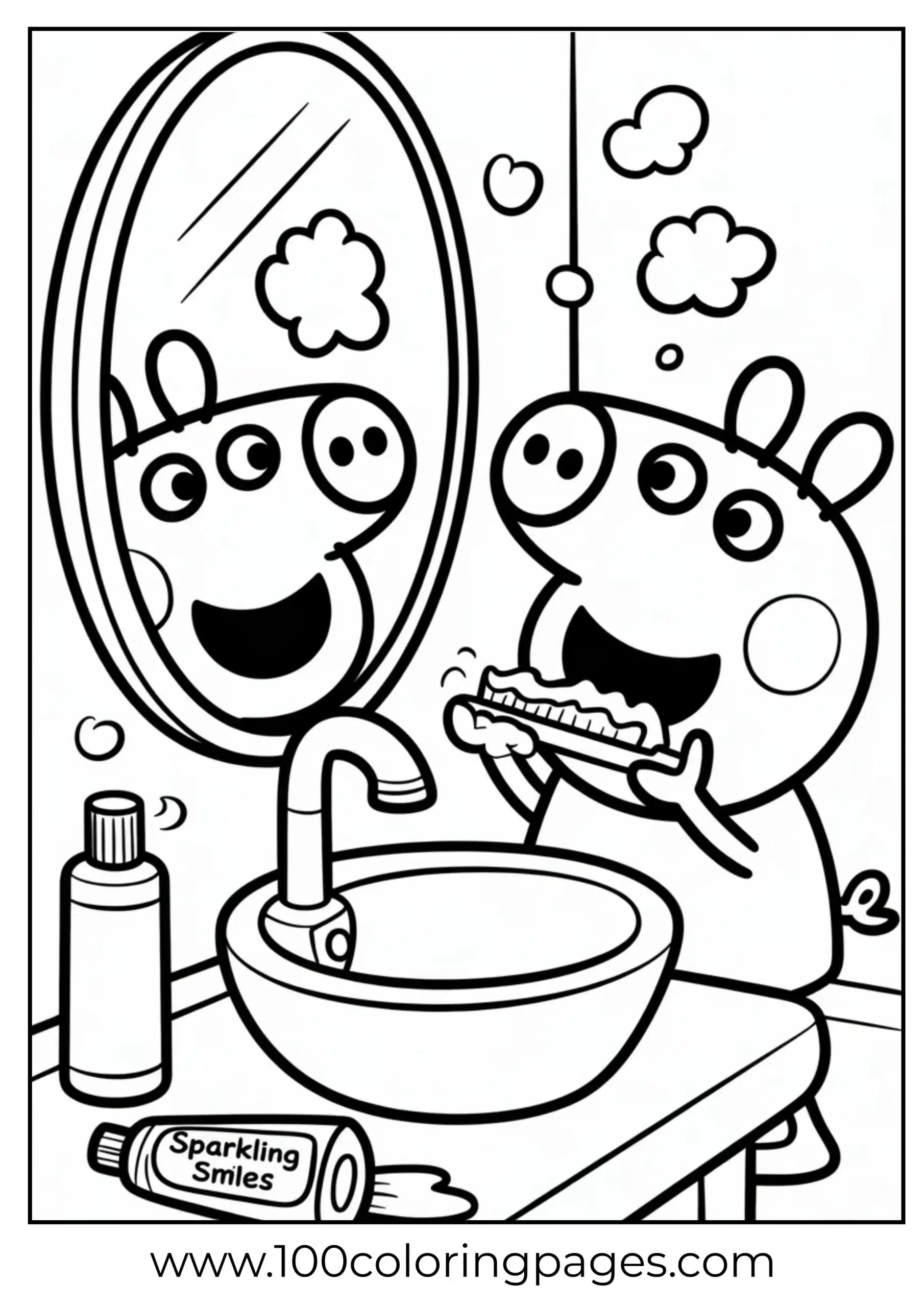 Peppa Pig brushing her teeth at sink coloring page