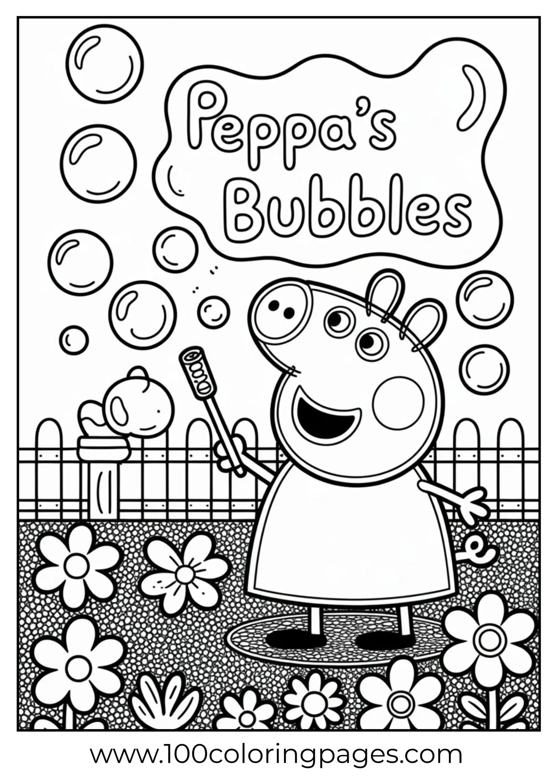 Peppa blowing bubbles outdoors with wand coloring page