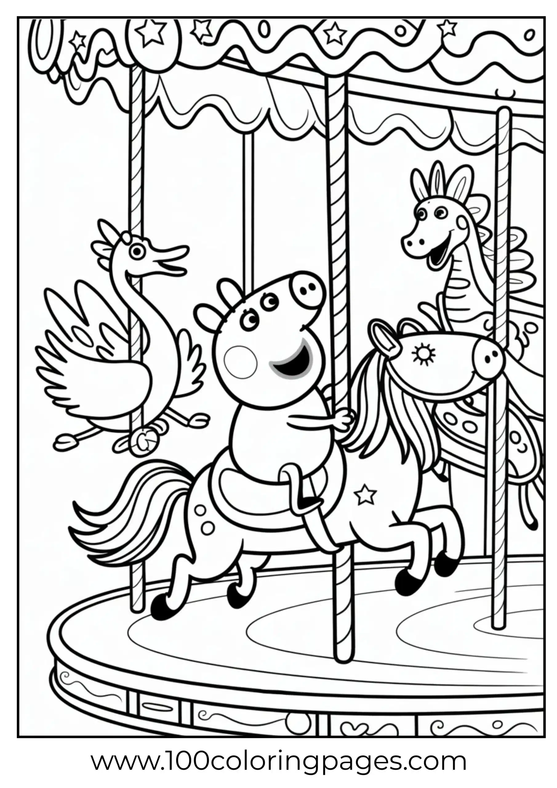 Peppa riding carousel horse at fair coloring page