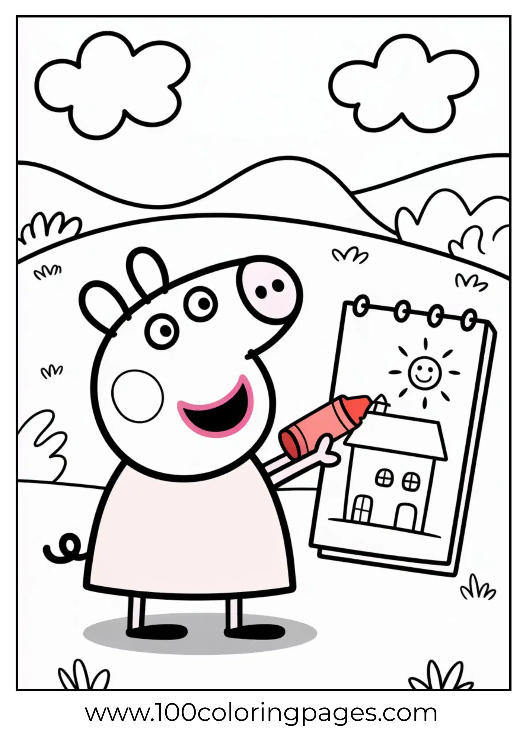 Peppa Pig showing drawing with crayon coloring page