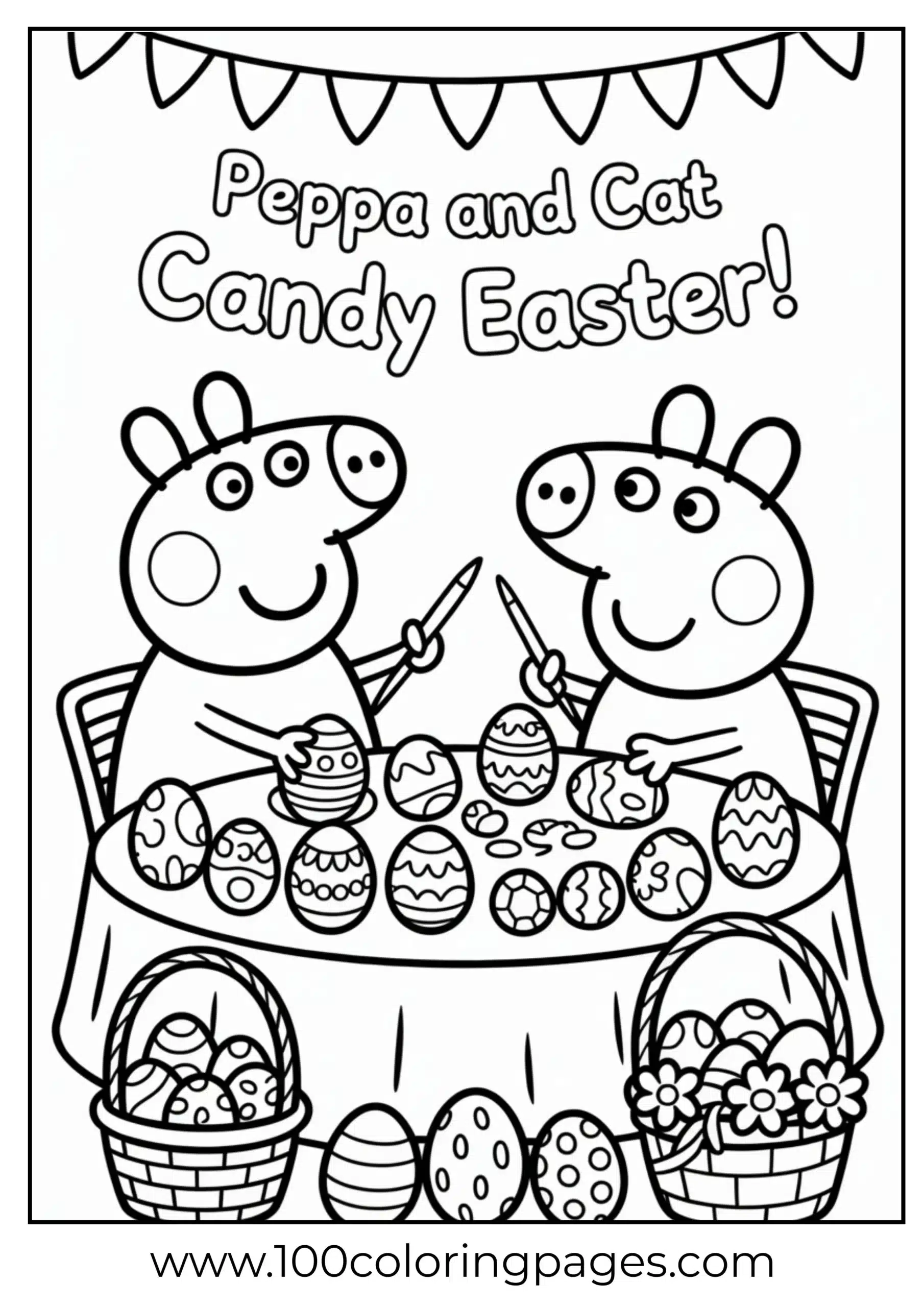 Peppa and Candy Cat painting Easter eggs coloring page