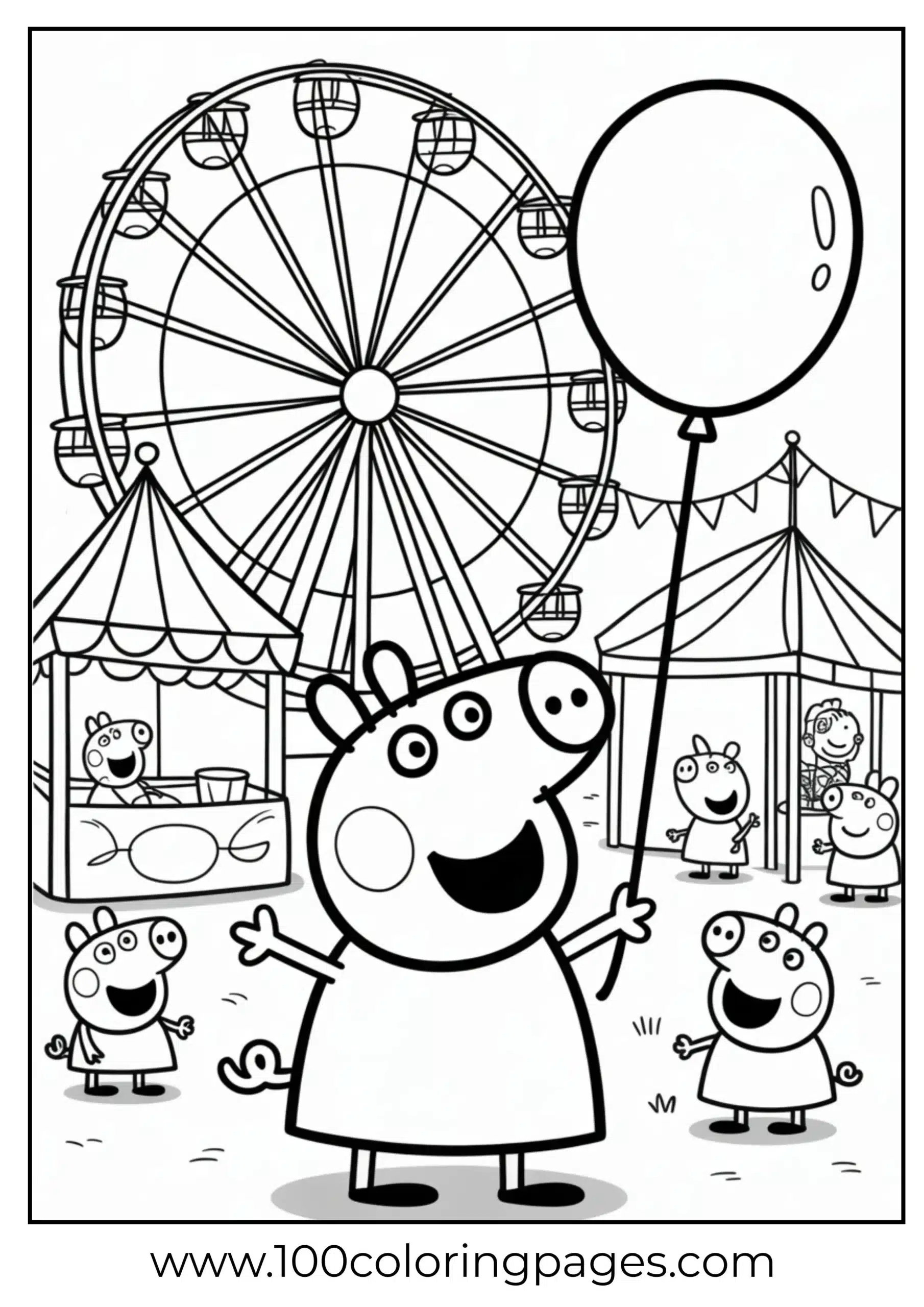 Peppa Pig at fairground with balloon and Ferris wheel coloring page