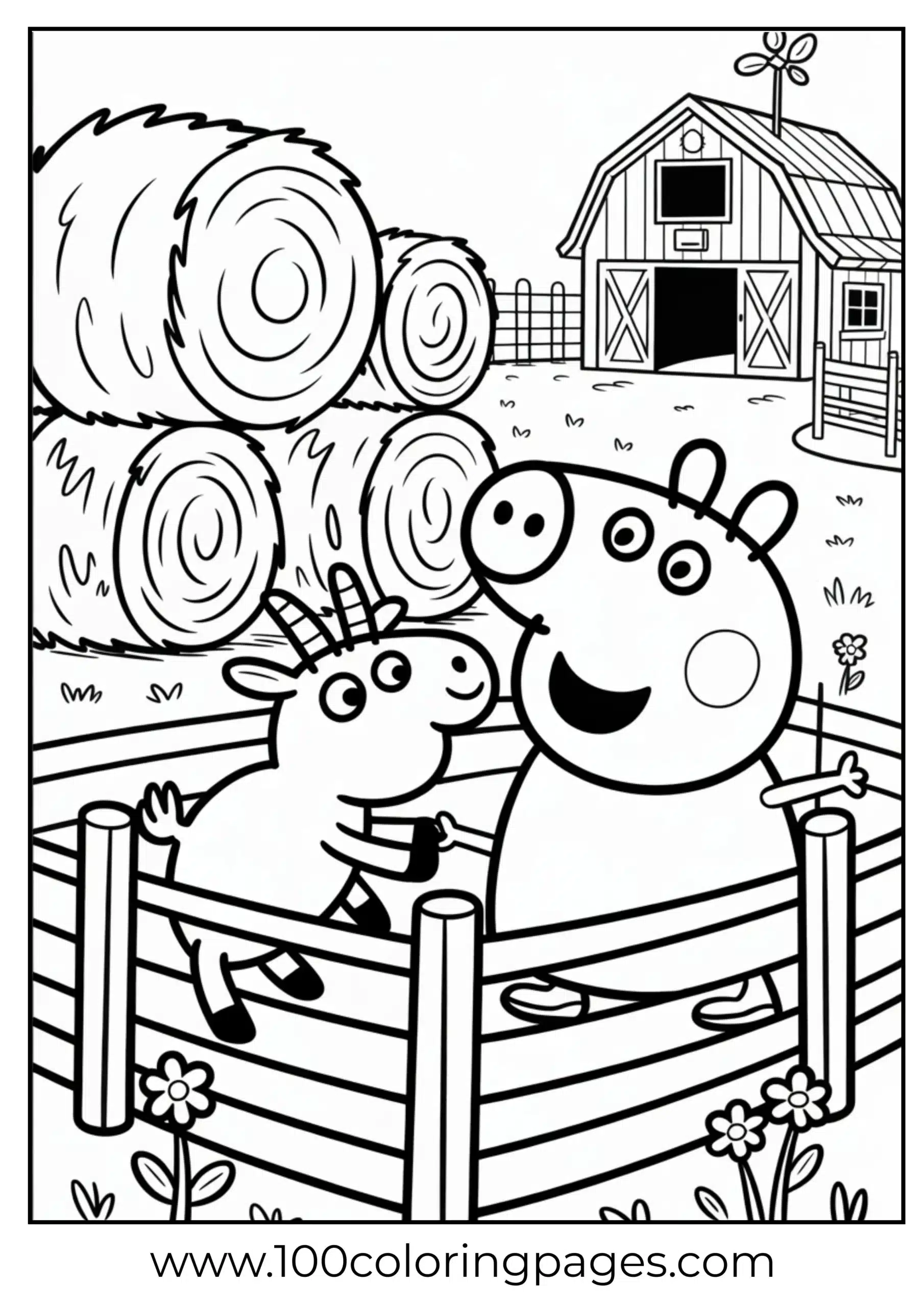Peppa Pig petting goat at the farm coloring page