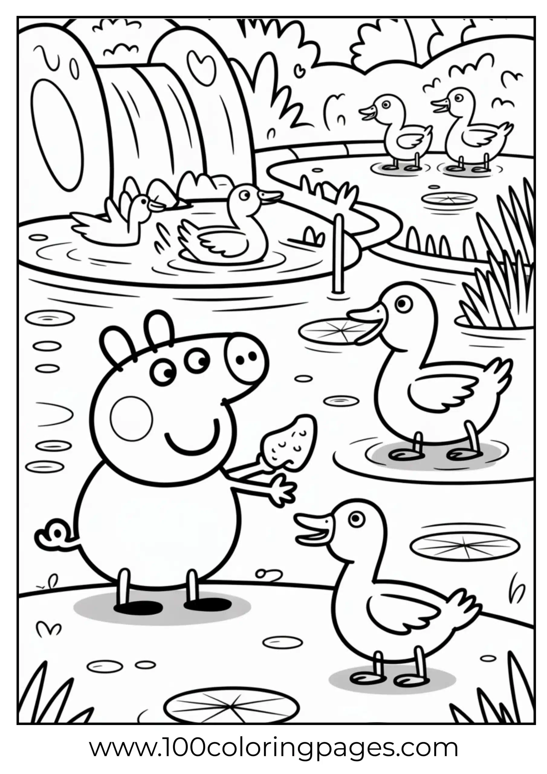 Peppa Pig feeding ducks at zoo coloring page