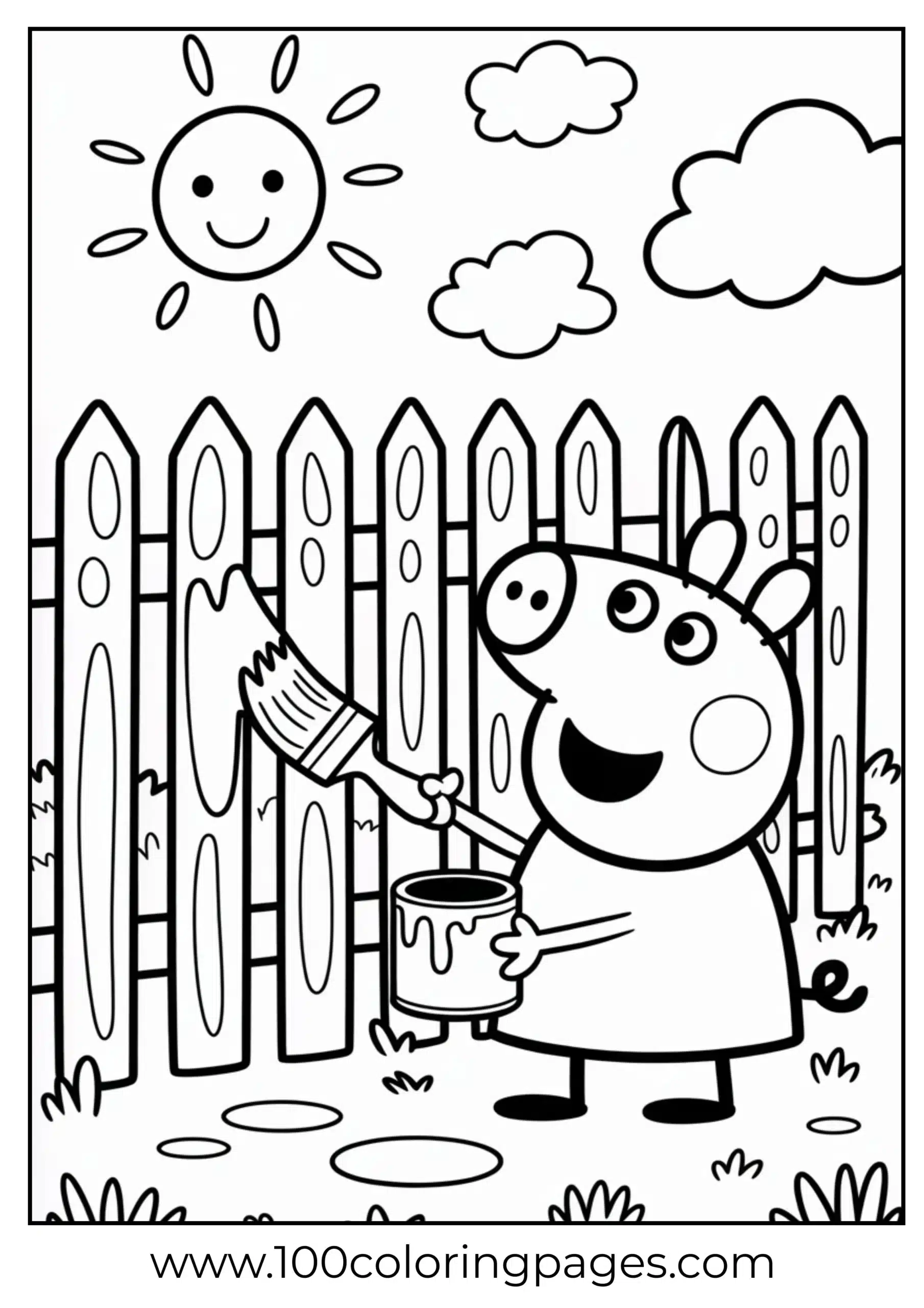 Peppa painting fence outside with sunshine coloring page