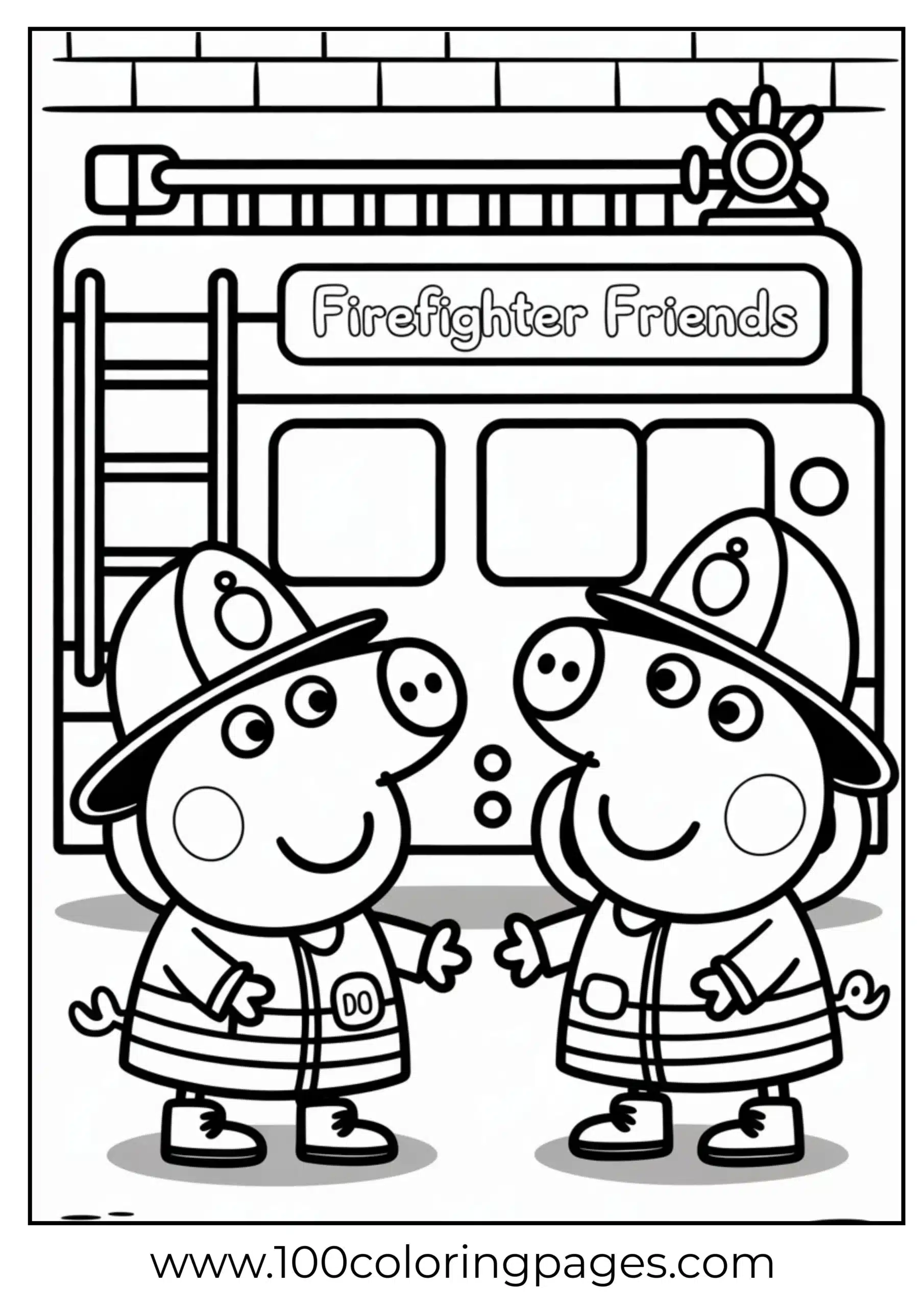 Peppa and friend as firefighters with hose and gear coloring page