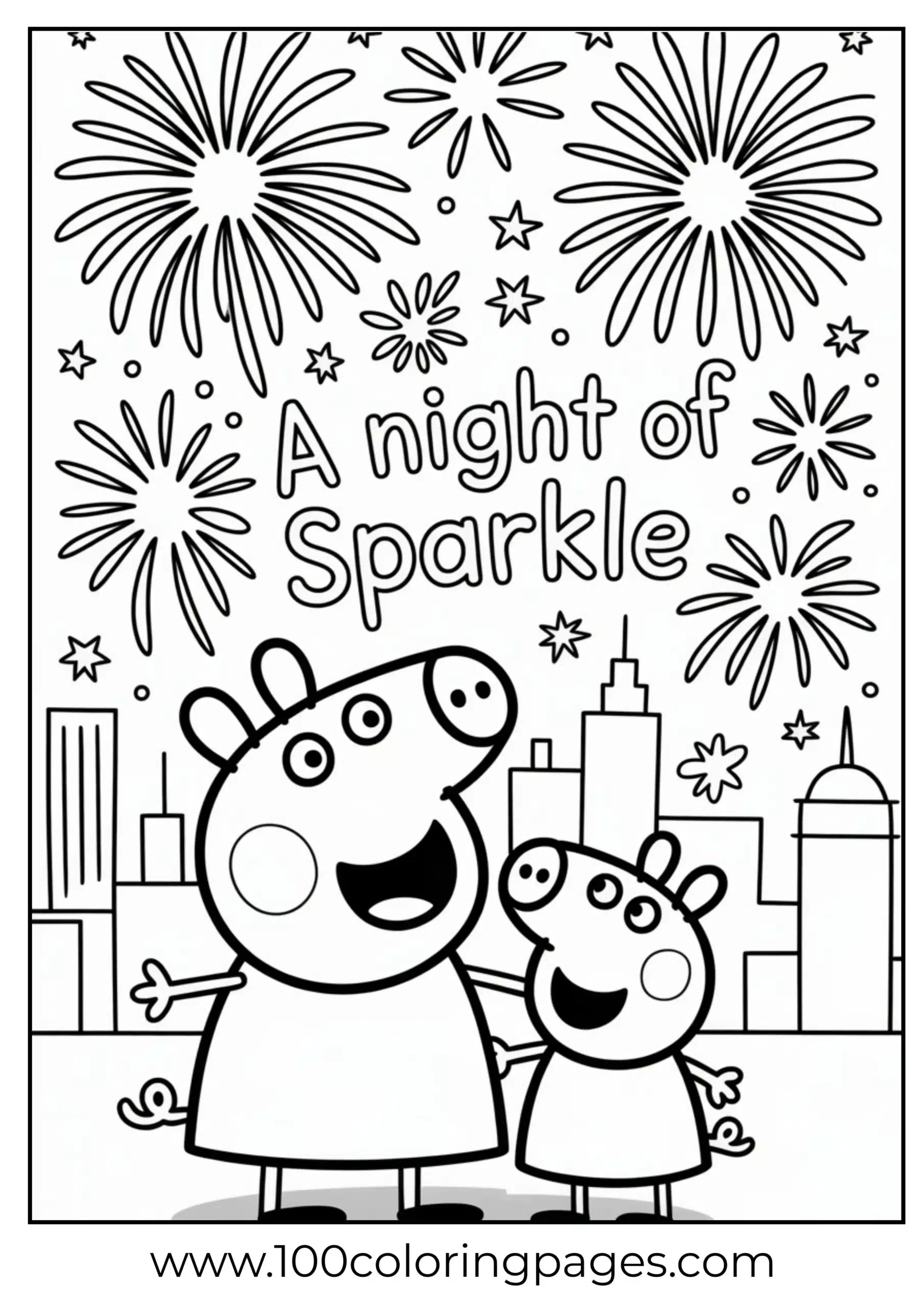 Peppa and George watching fireworks at night coloring page
