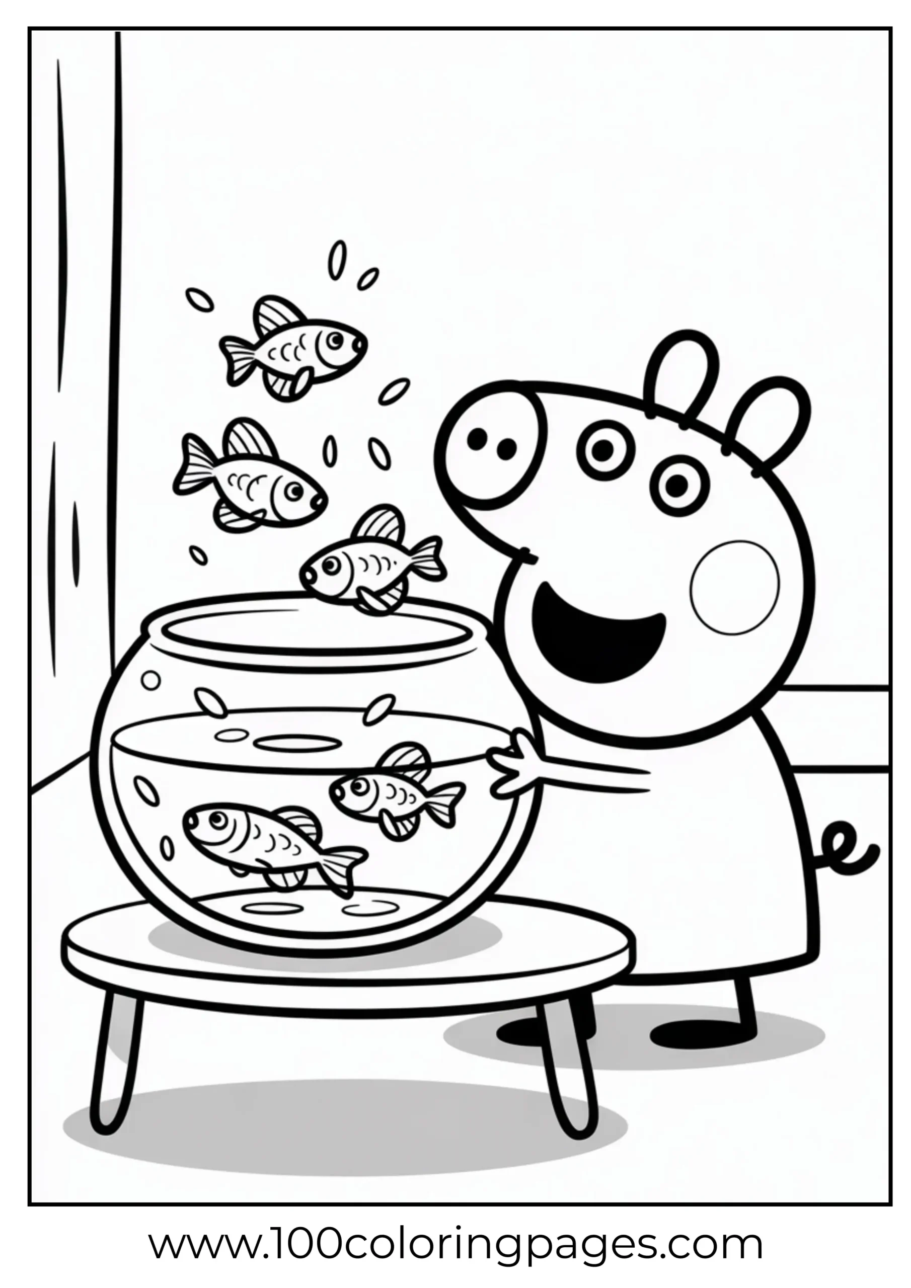 Peppa feeding pet fish in bowl coloring page