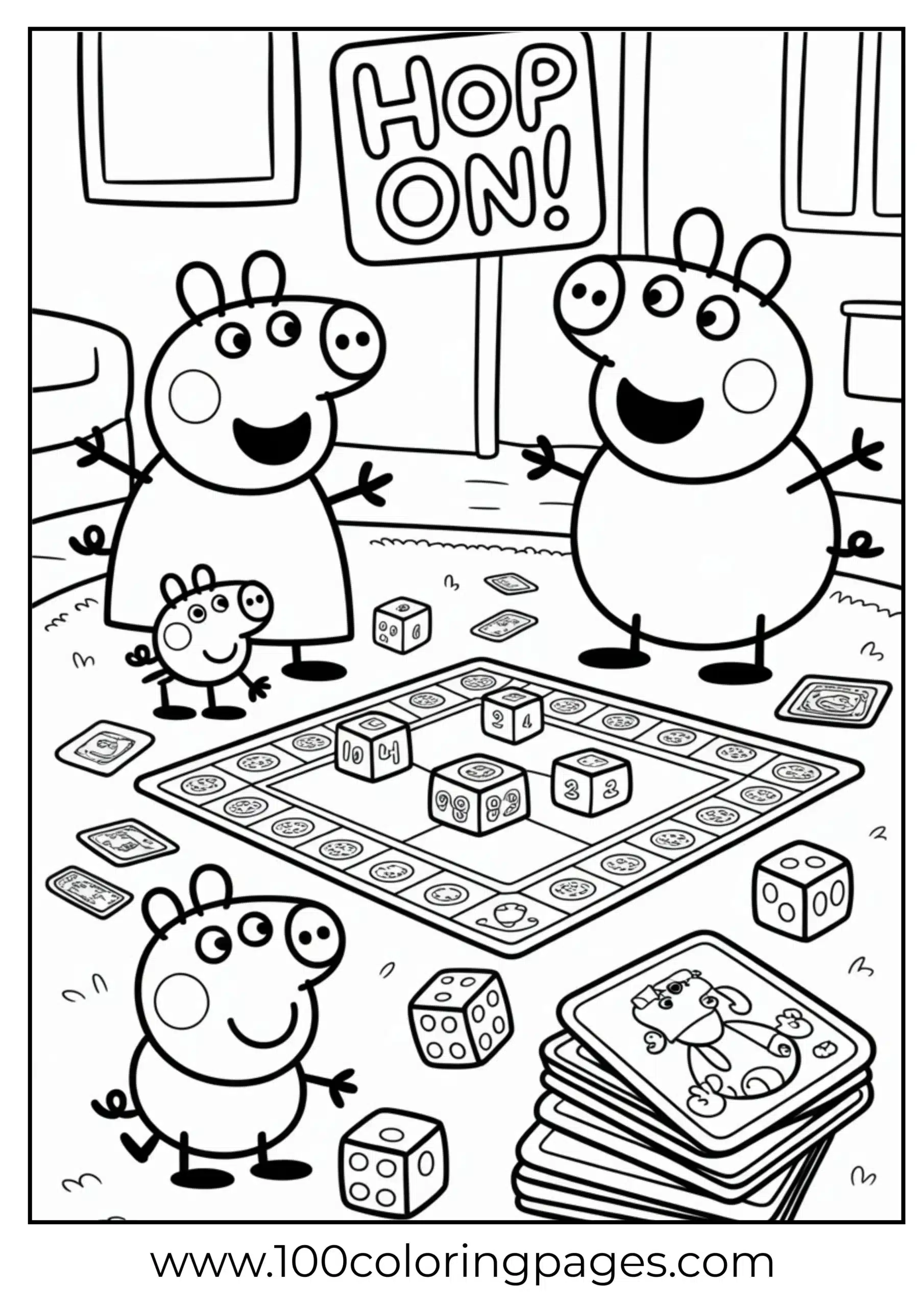 Peppa and family playing board game at home coloring page