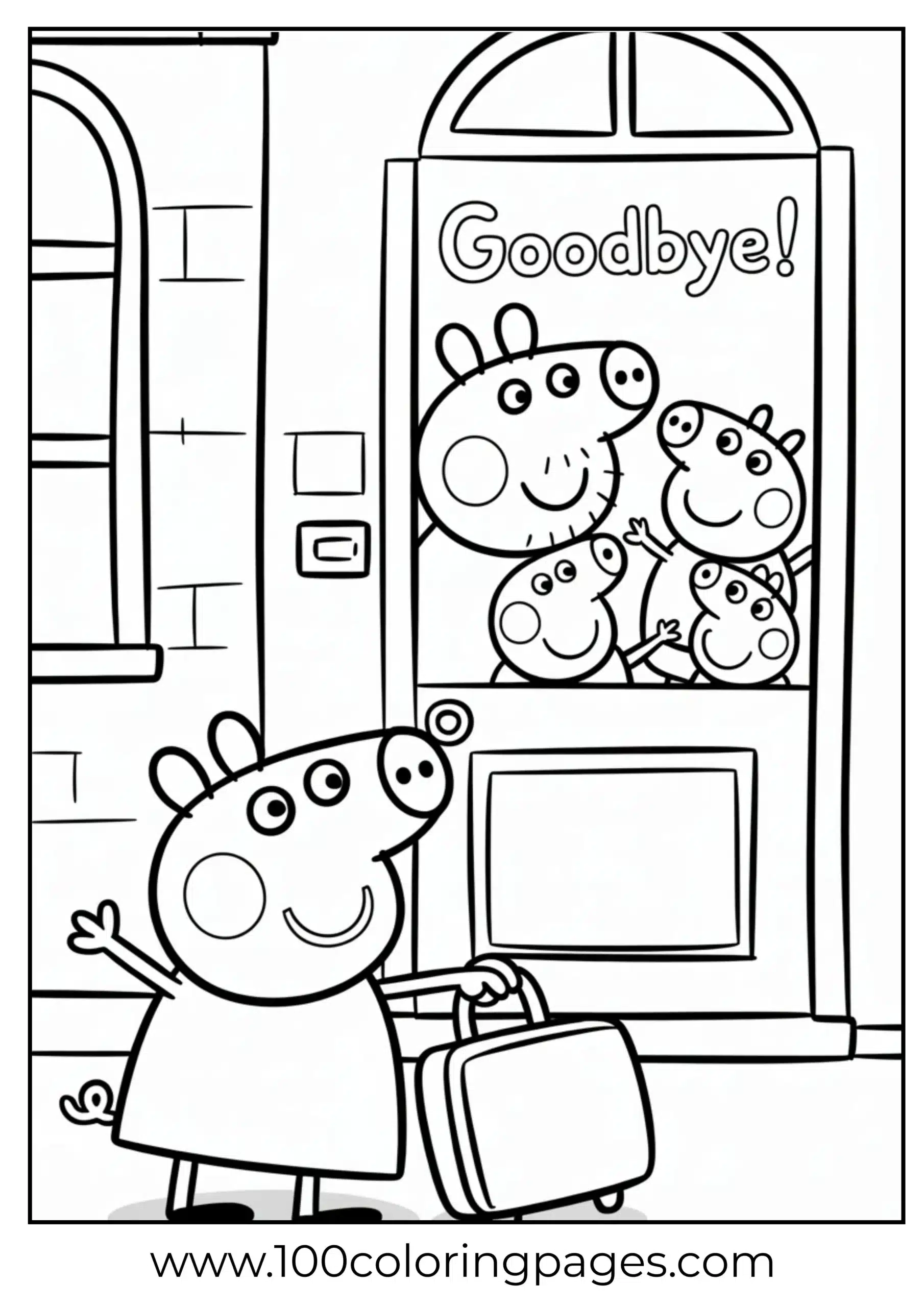 Peppa waving with suitcase as family waves coloring page