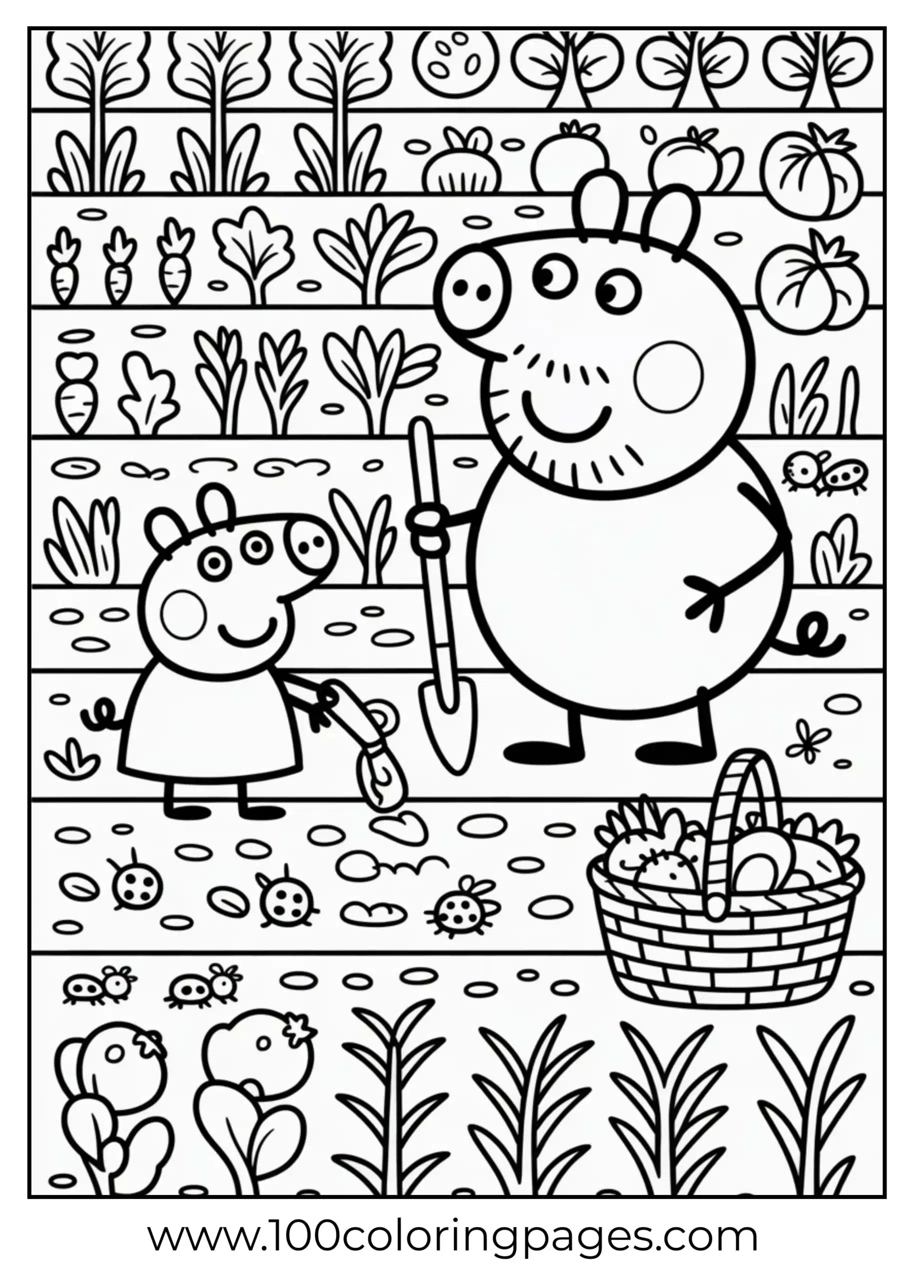 Peppa gardening with Grandpa Pig coloring page