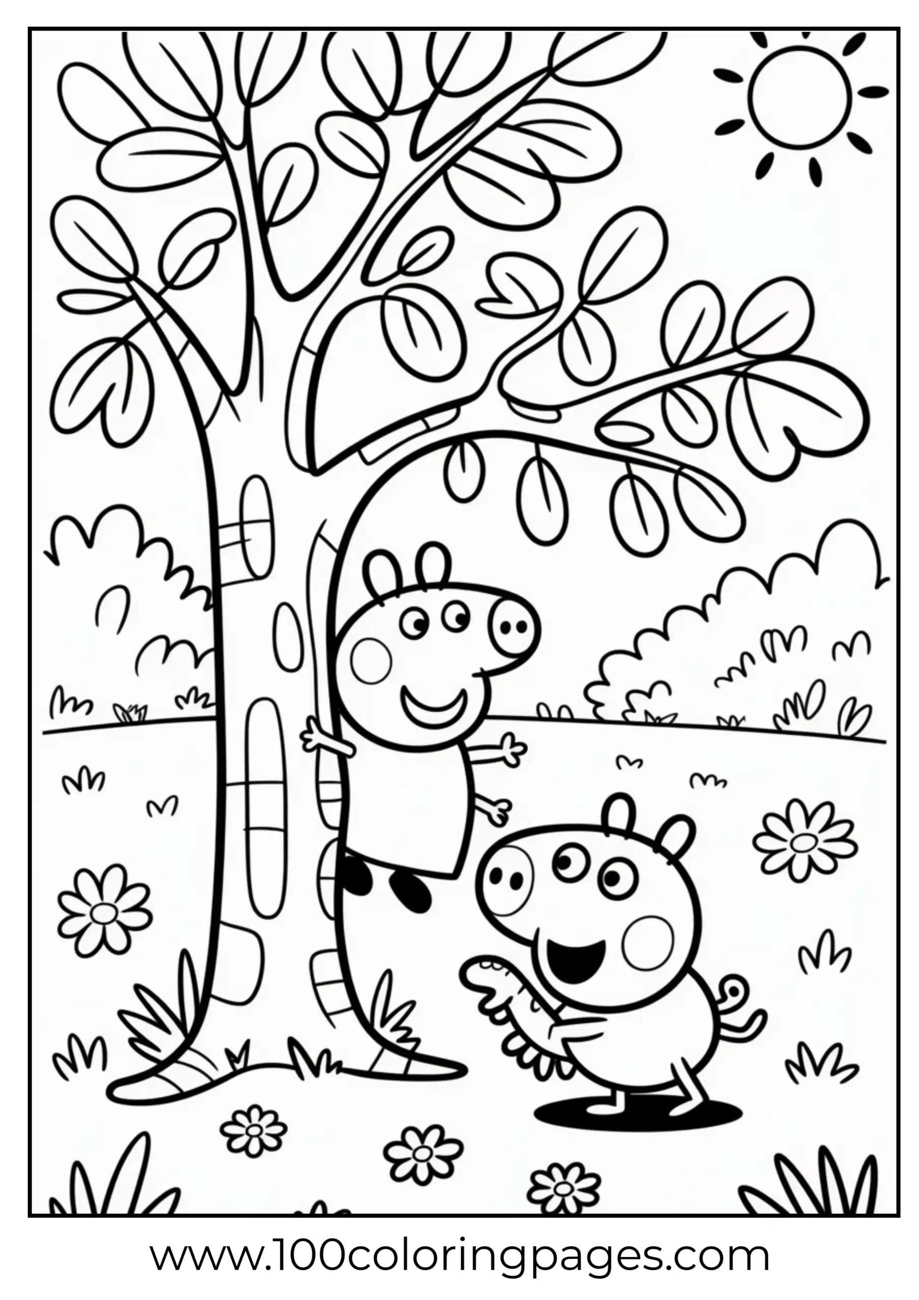 Peppa hiding behind tree in game with George coloring page