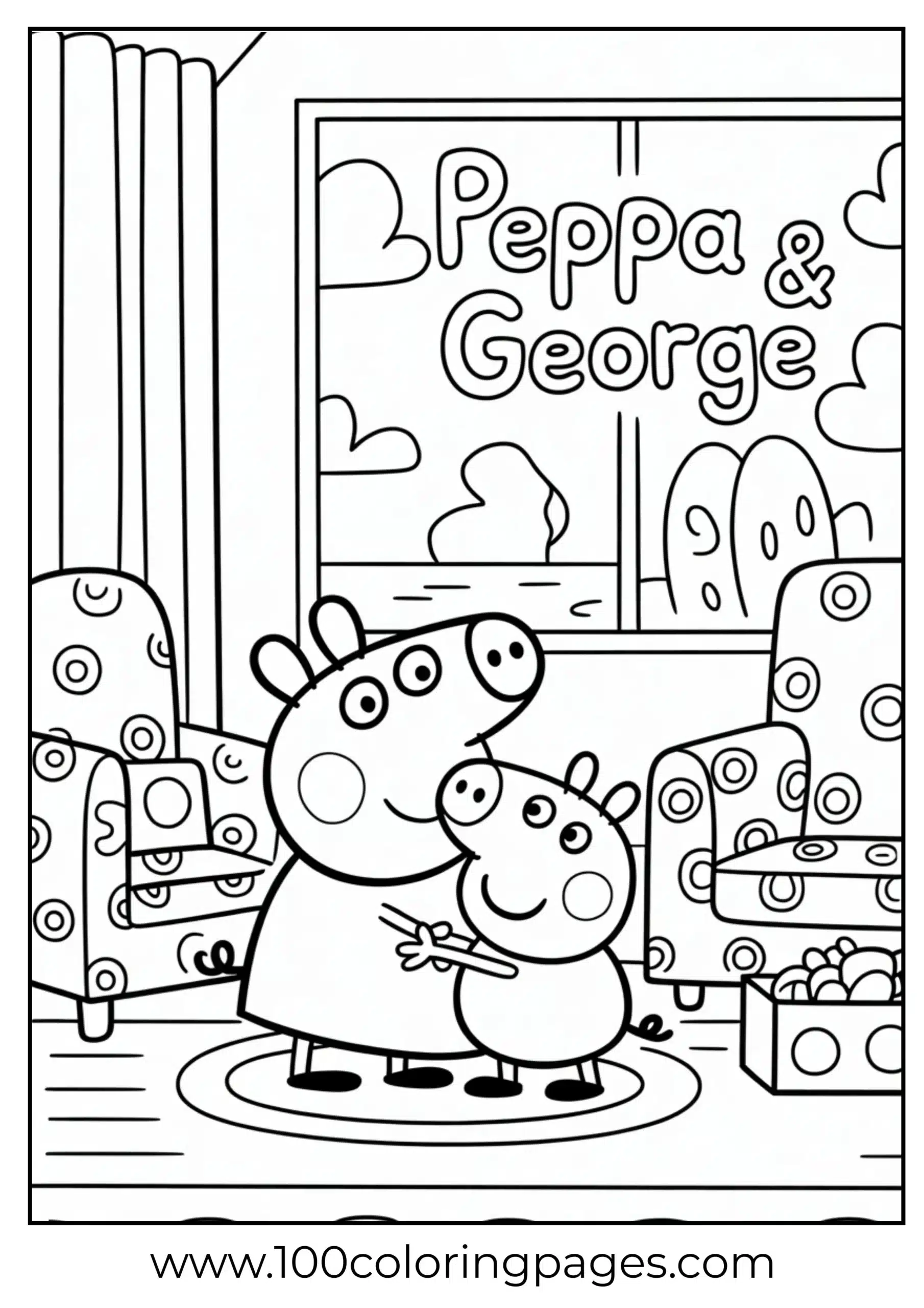 Peppa hugging George at home with toys nearby coloring page