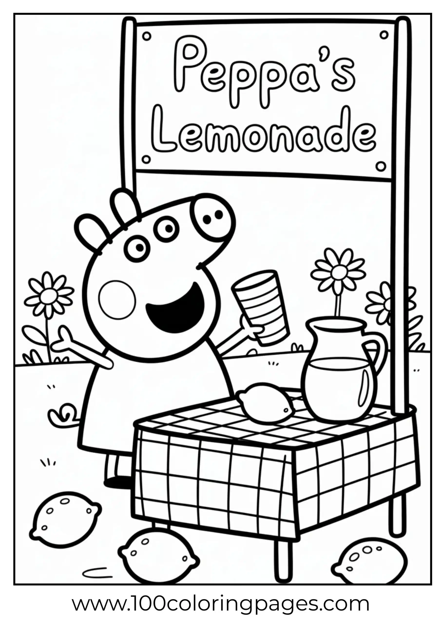 Peppa running lemonade stand with pitcher and cups coloring page