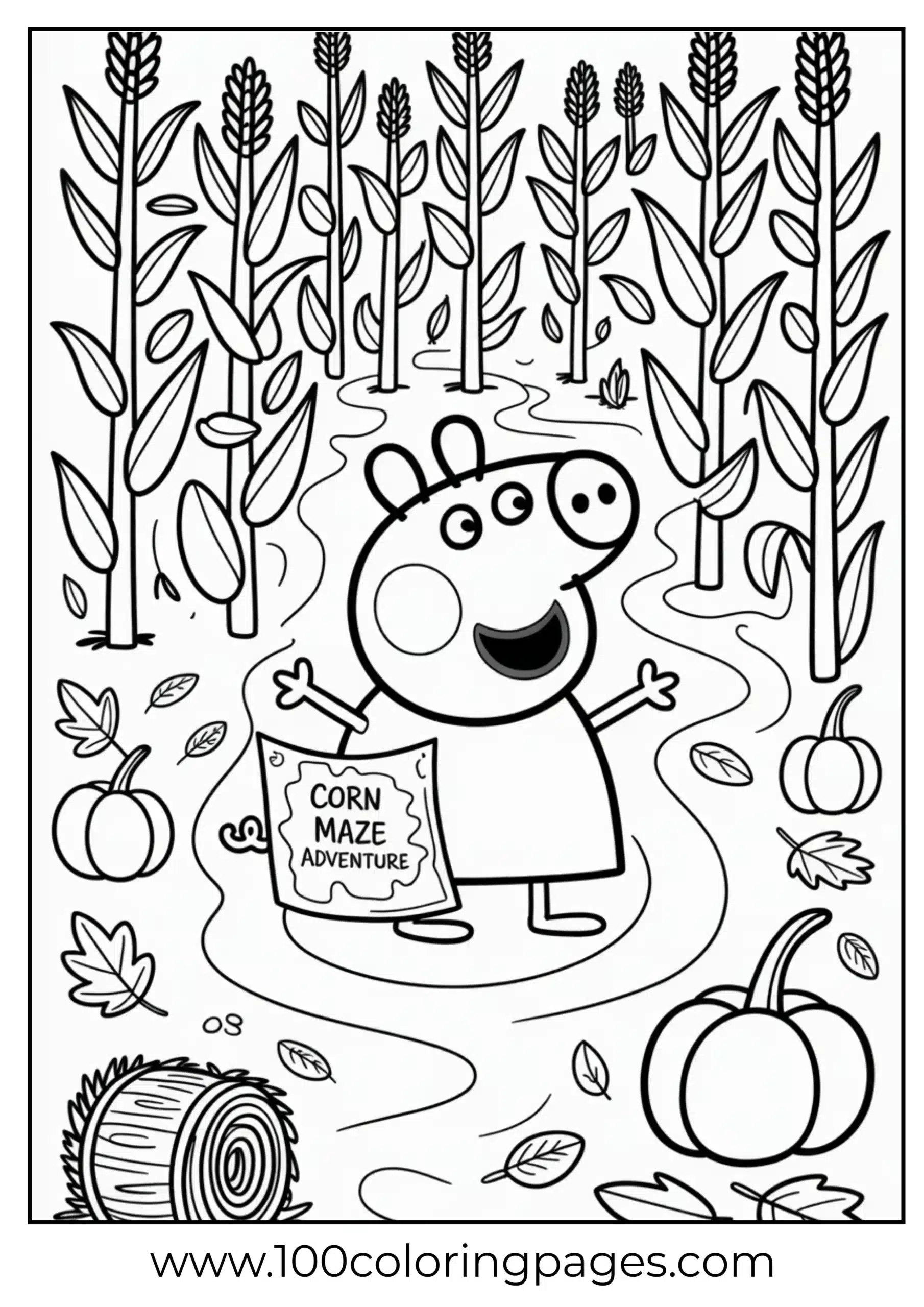 Peppa in corn maze with fall theme coloring page