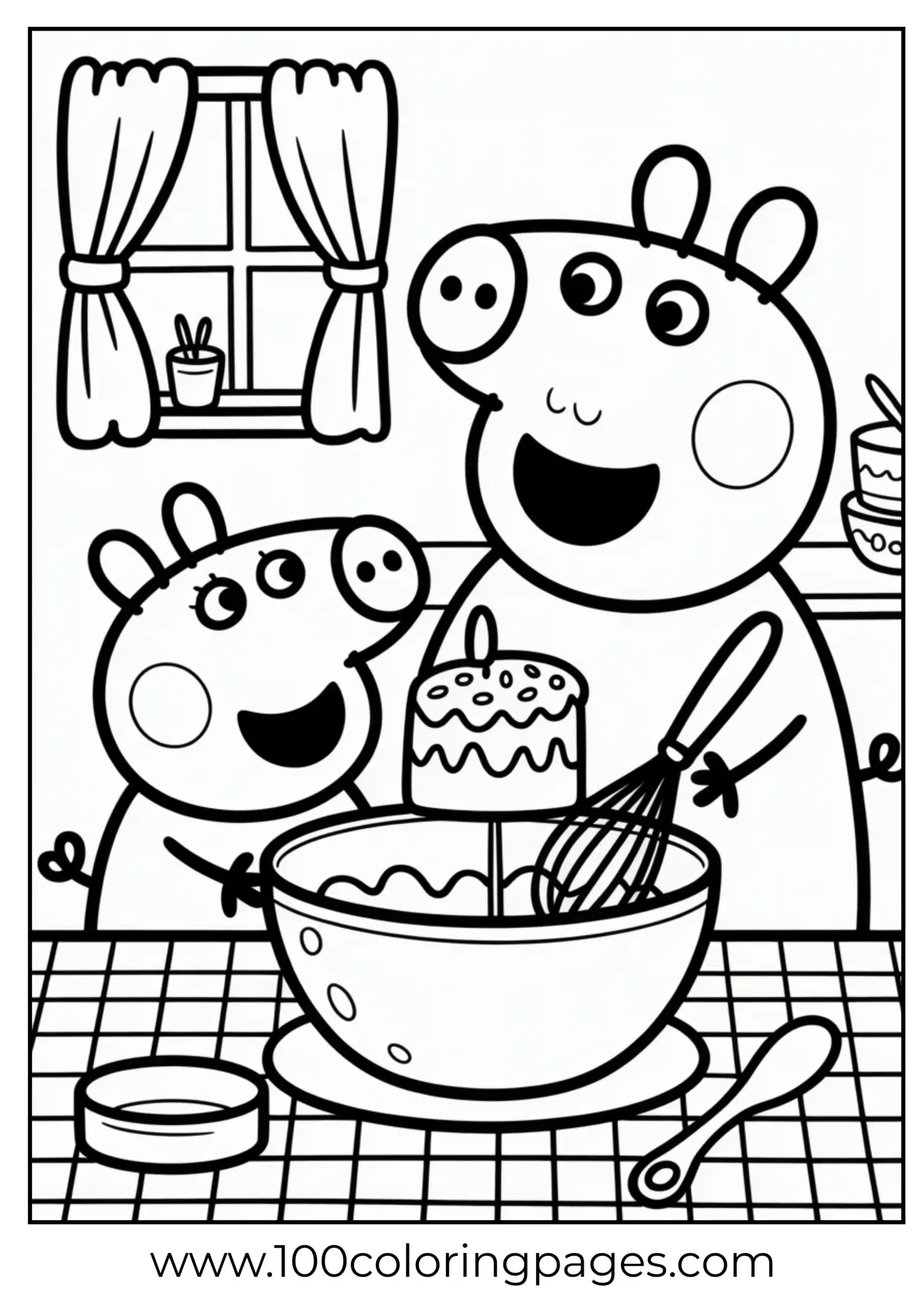 Peppa and Mummy Pig baking cake coloring page