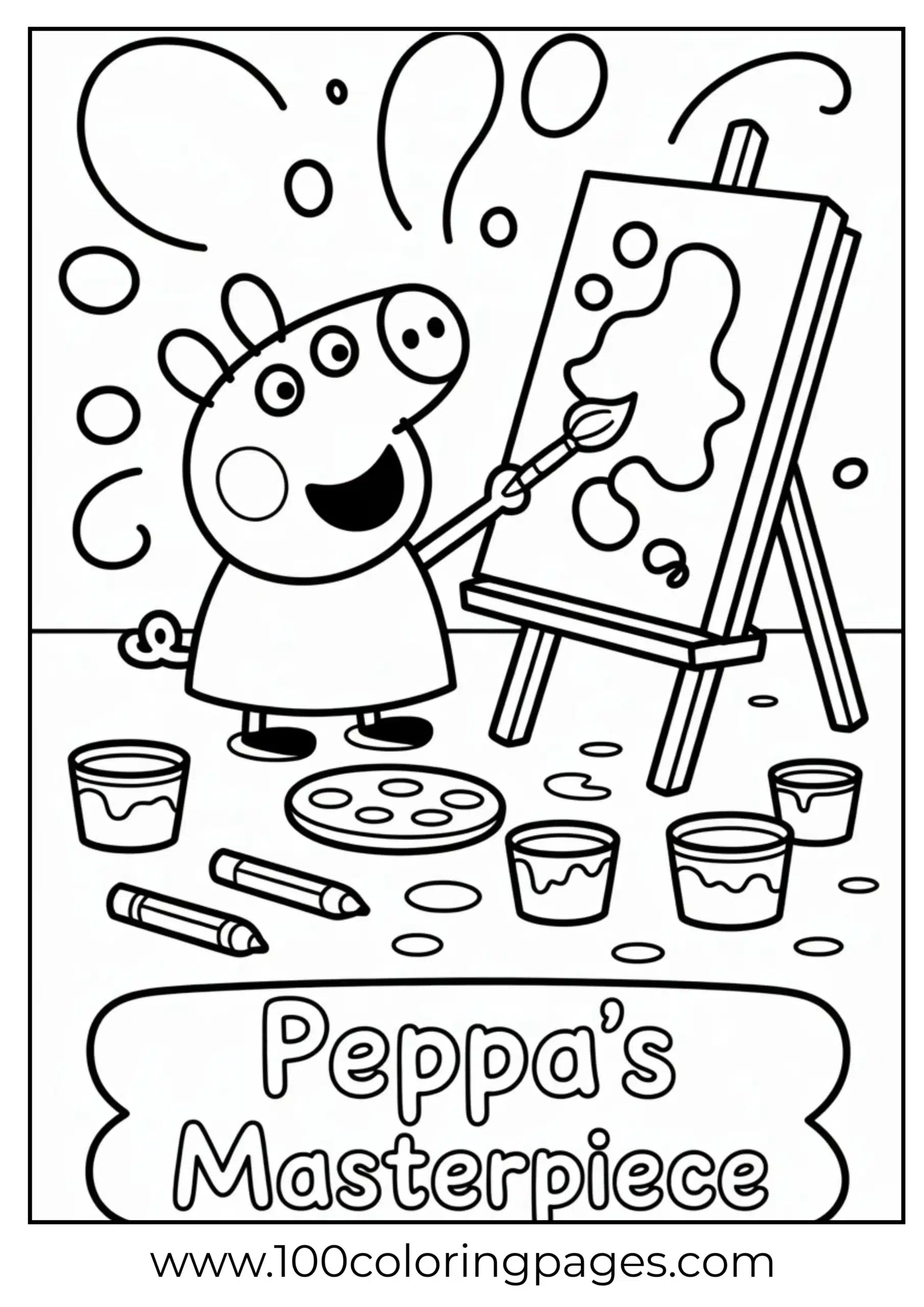 Peppa Pig painting at easel coloring page