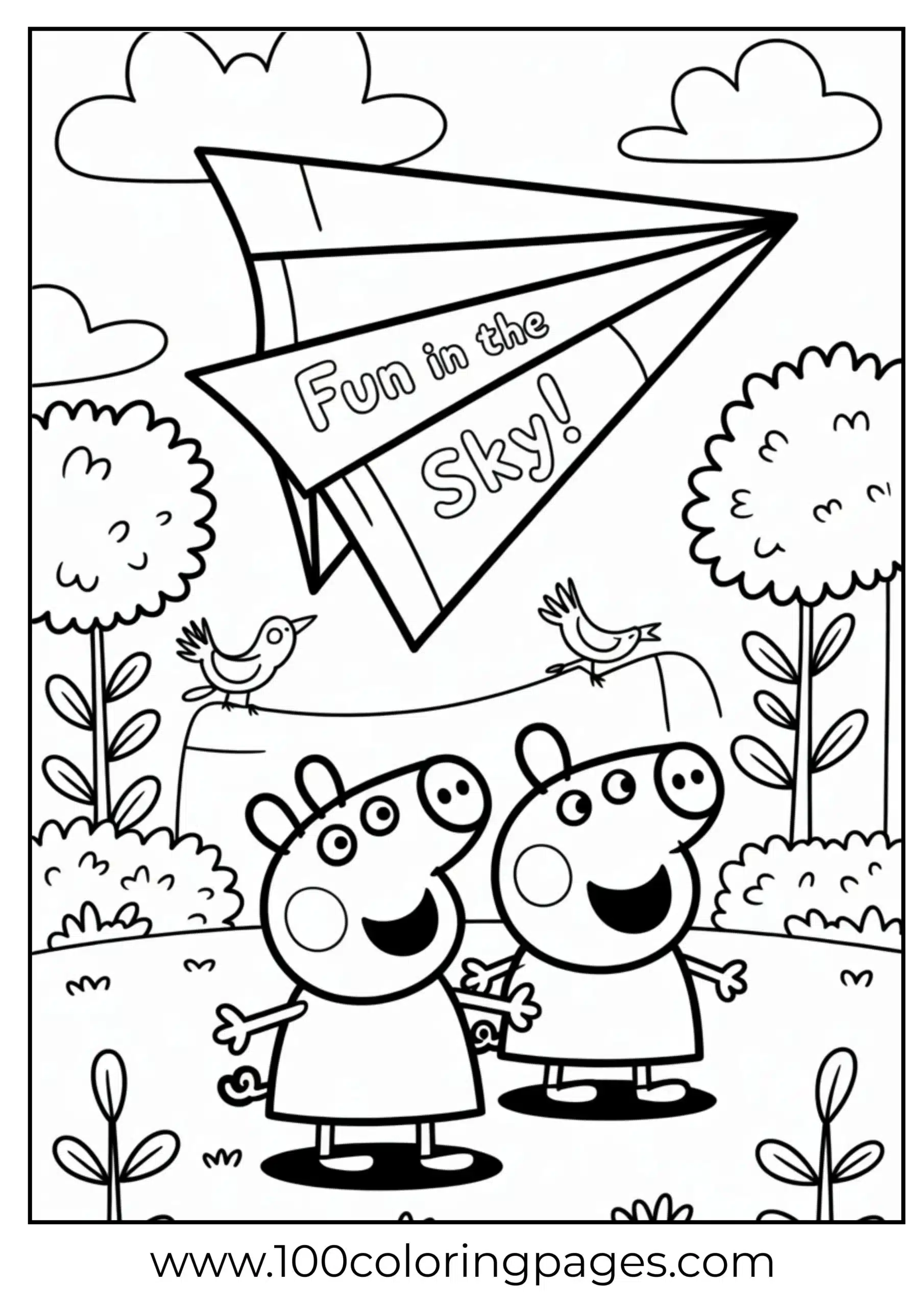 Peppa and George flying paper airplane in yard coloring page