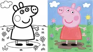 Cute Peppa Pig coloring pages featuring Peppa jumping in a muddy puddle with flowers and a sunny sky