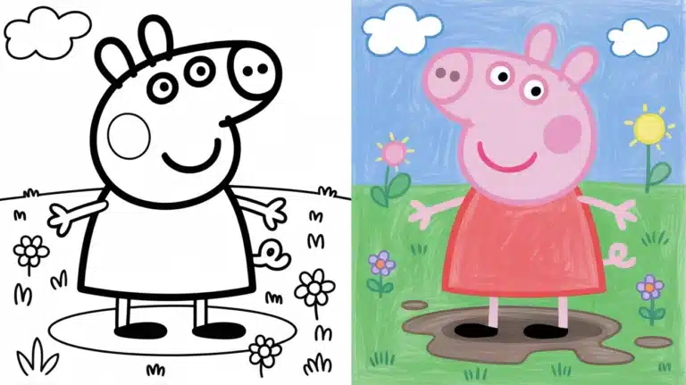 Cute Peppa Pig coloring pages featuring Peppa jumping in a muddy puddle with flowers and a sunny sky