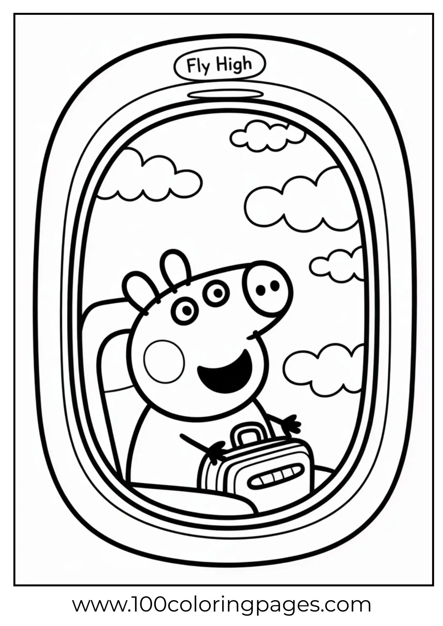 Peppa Pig in airplane seat looking out window coloring page