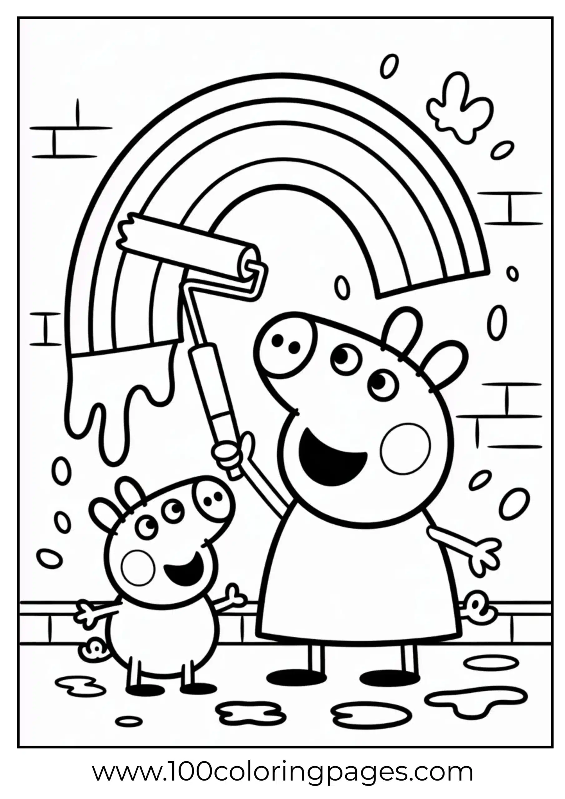 Peppa painting rainbow on wall with roller coloring page