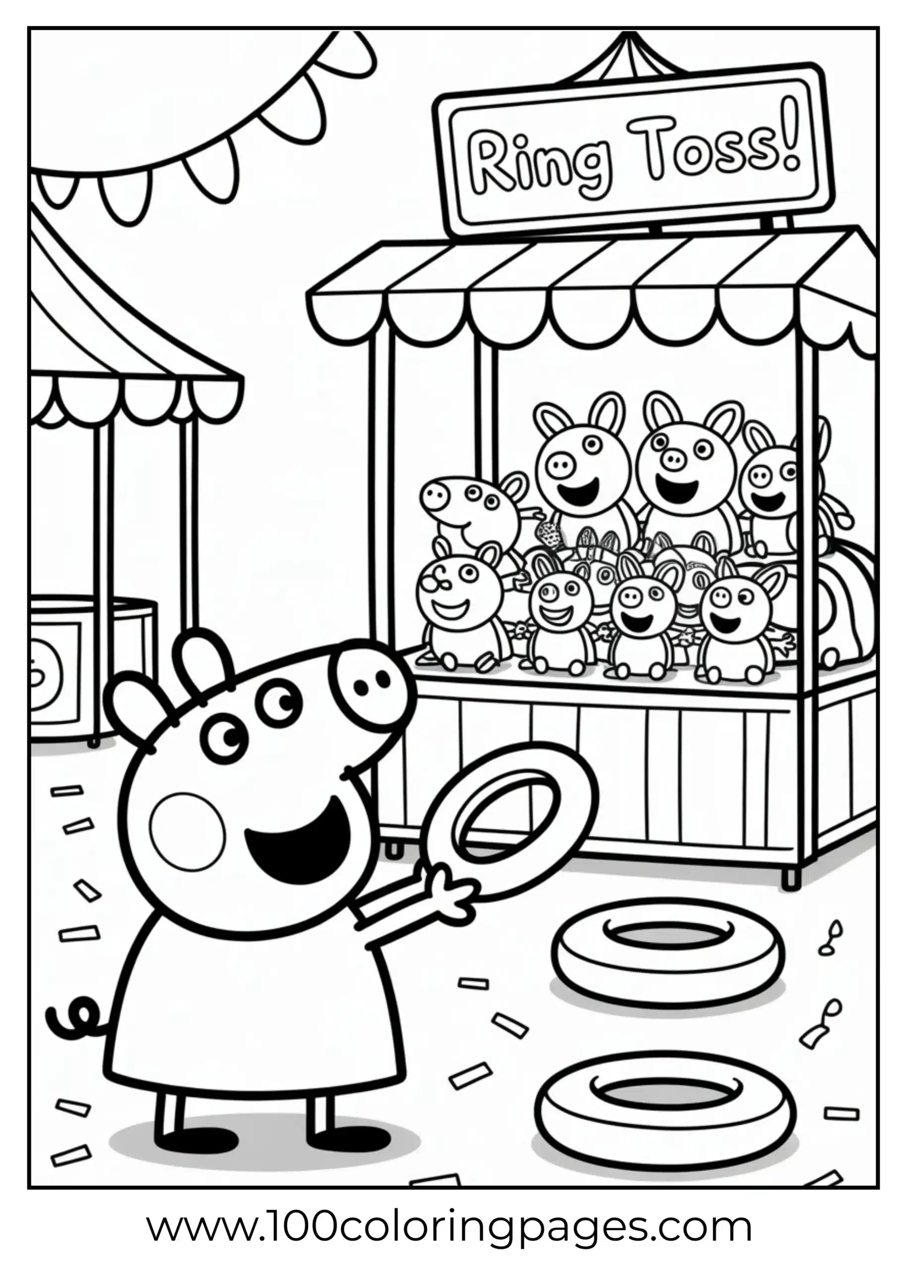 Peppa playing ring toss at carnival booth coloring page