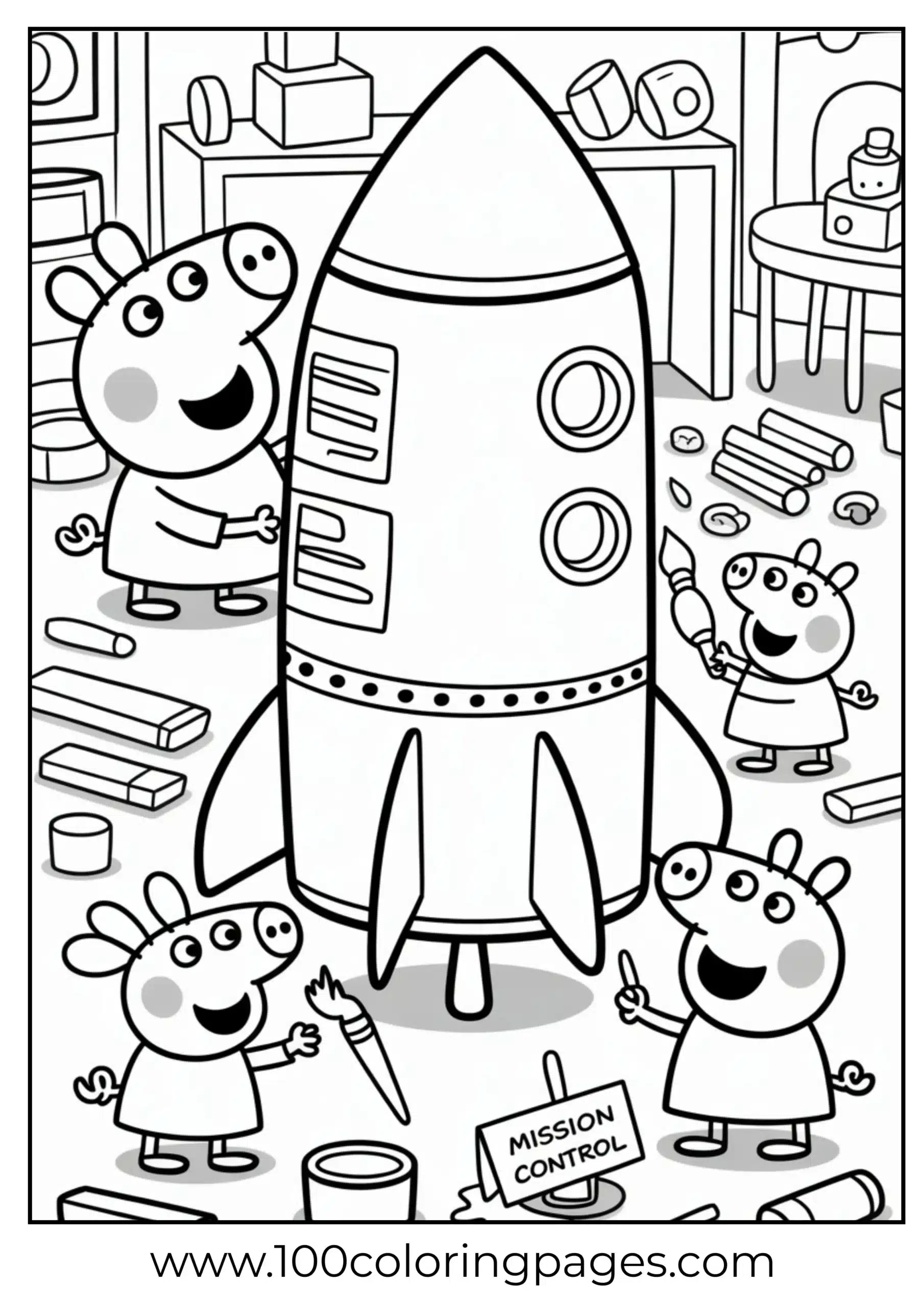 Peppa building pretend rocket ship from boxes coloring page