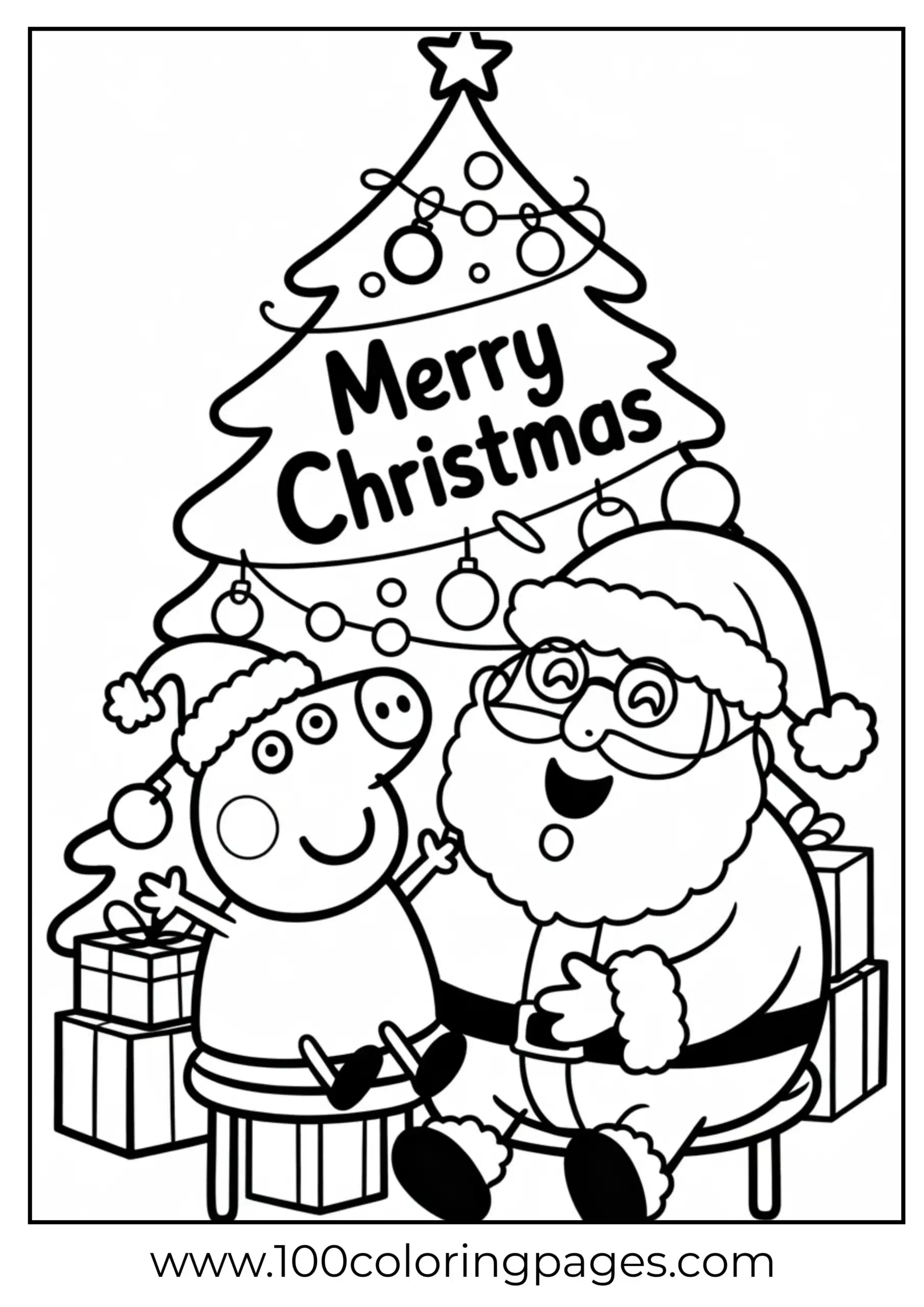 Peppa Pig visiting Santa with gifts and tree coloring page