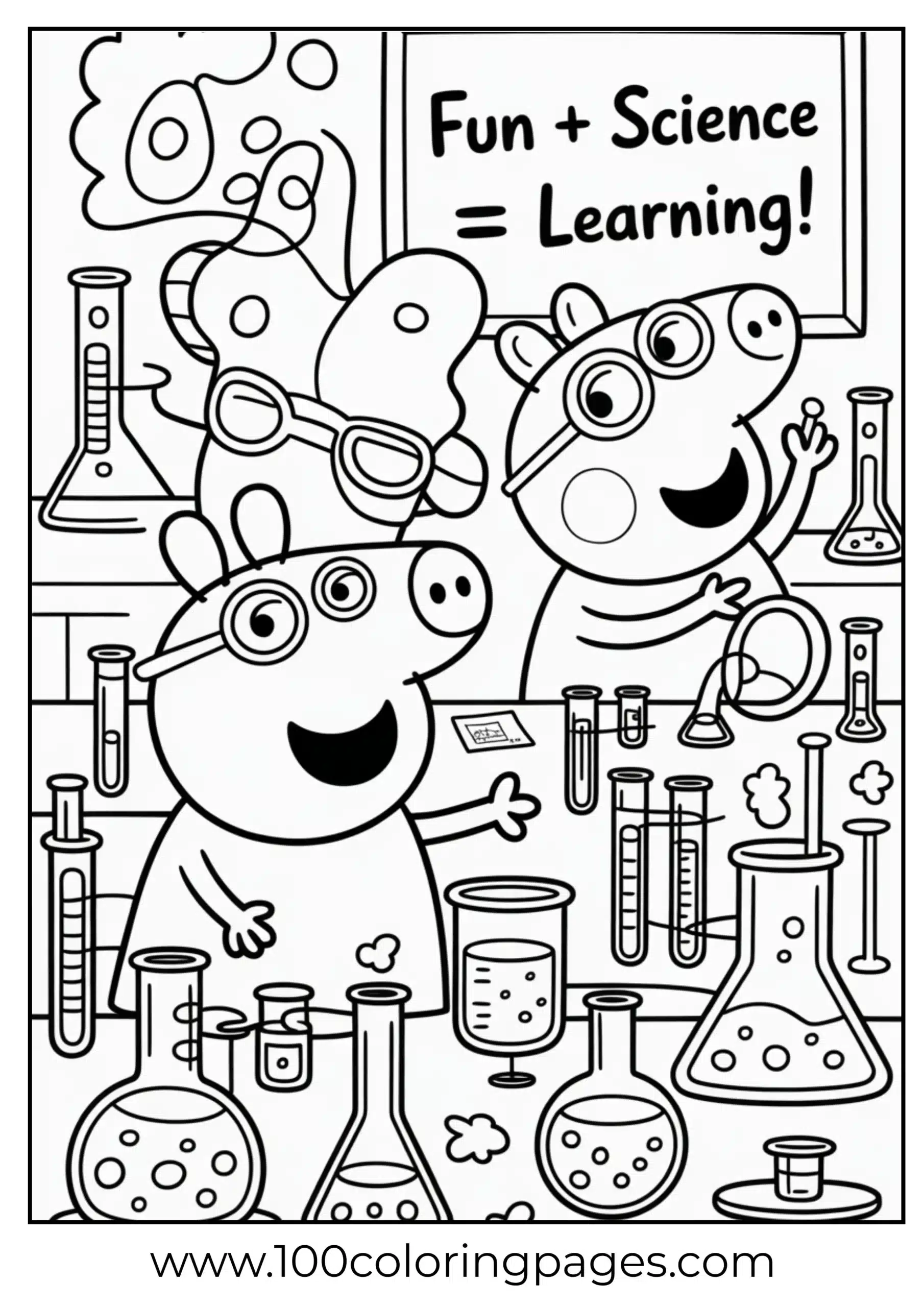 Peppa and Suzy Sheep in lab coats with experiments coloring page