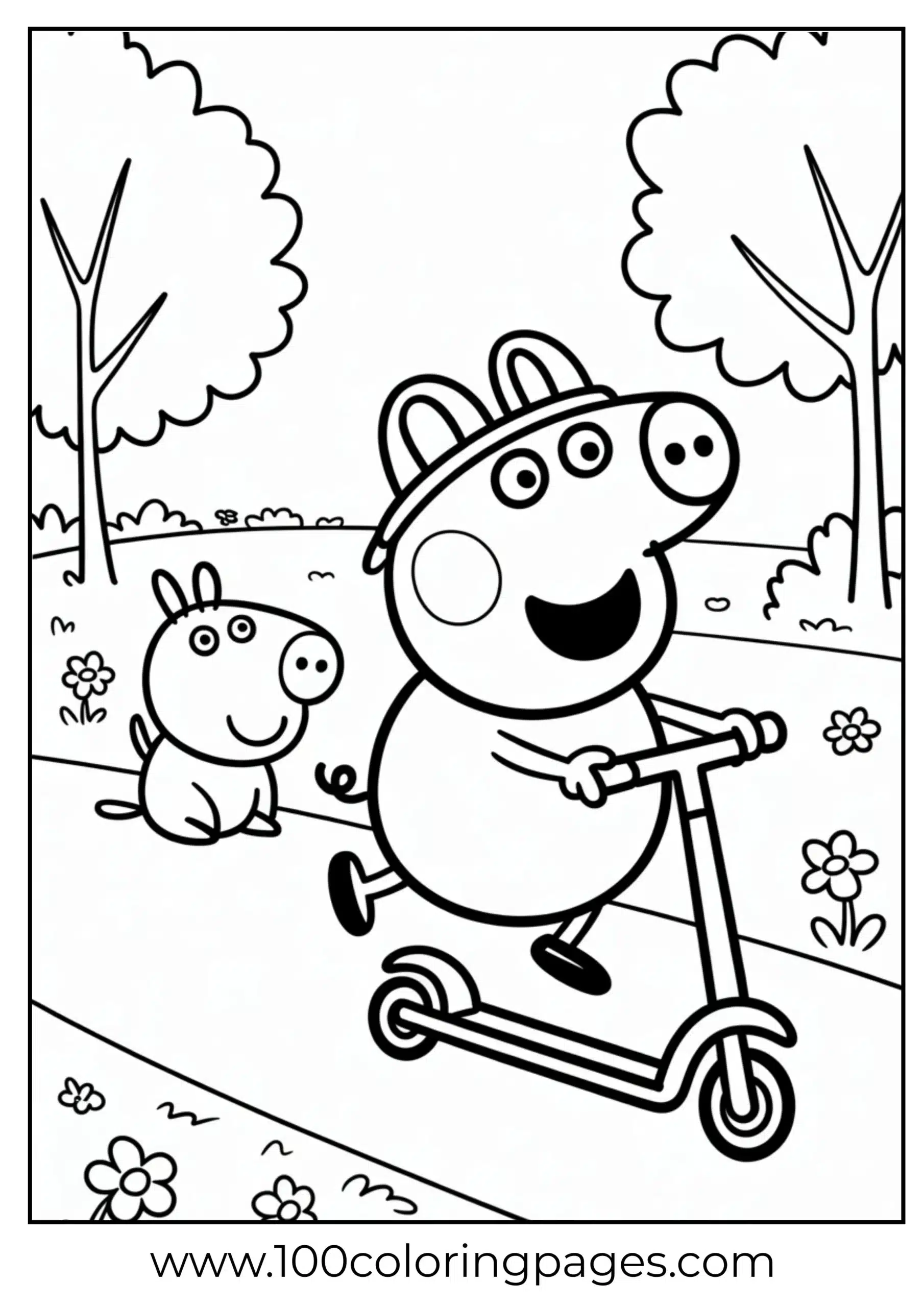 Peppa riding scooter with helmet on sidewalk coloring page