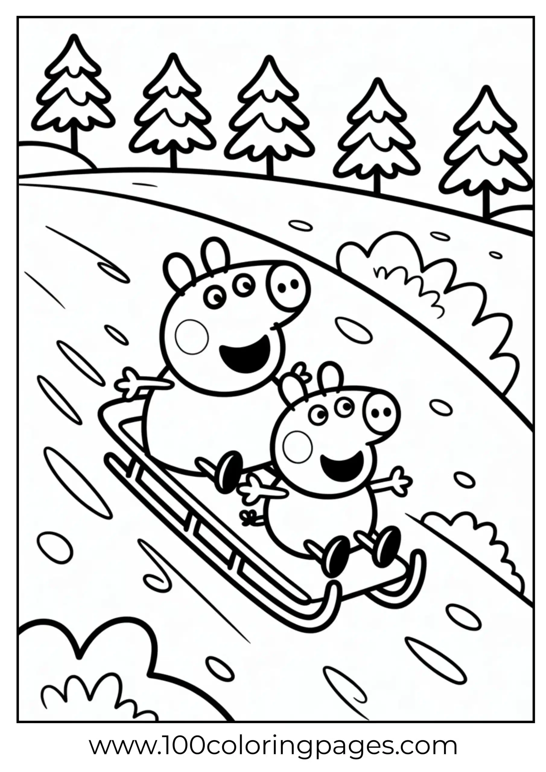 Peppa and George sledding in winter snow coloring page