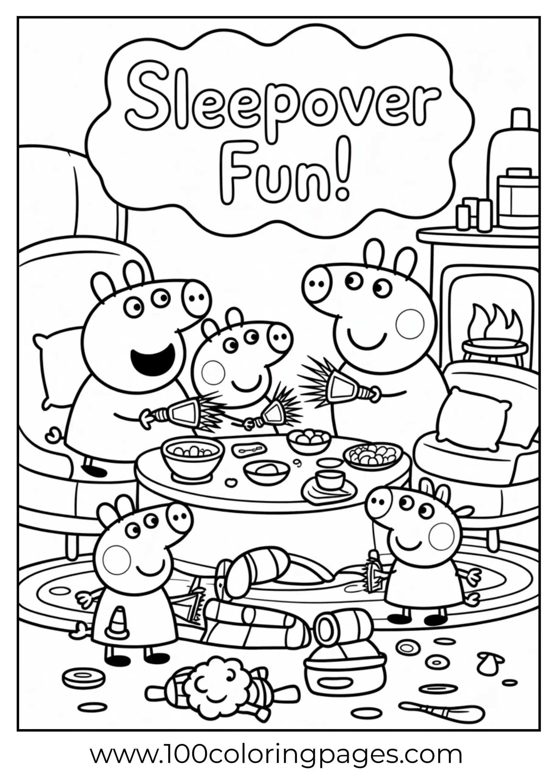 Peppa and friends at cozy sleepover with flashlights coloring page