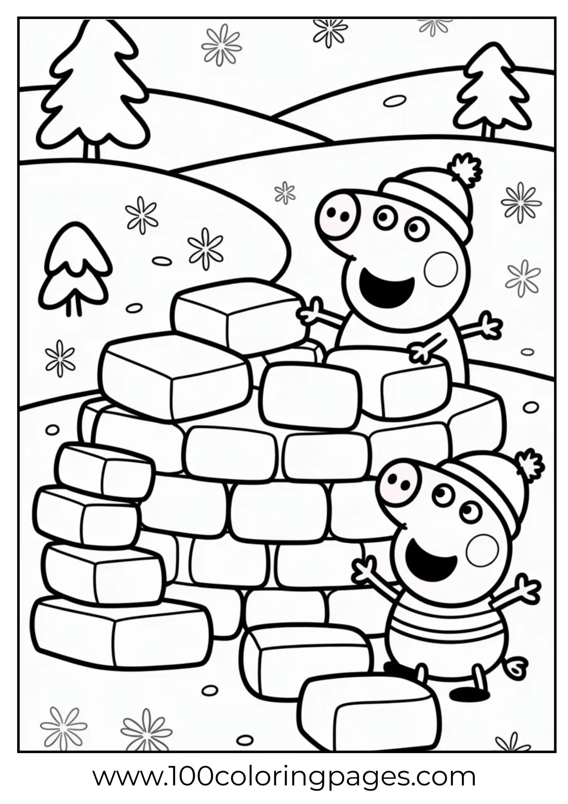 Peppa and George stacking snow to build a fort coloring page