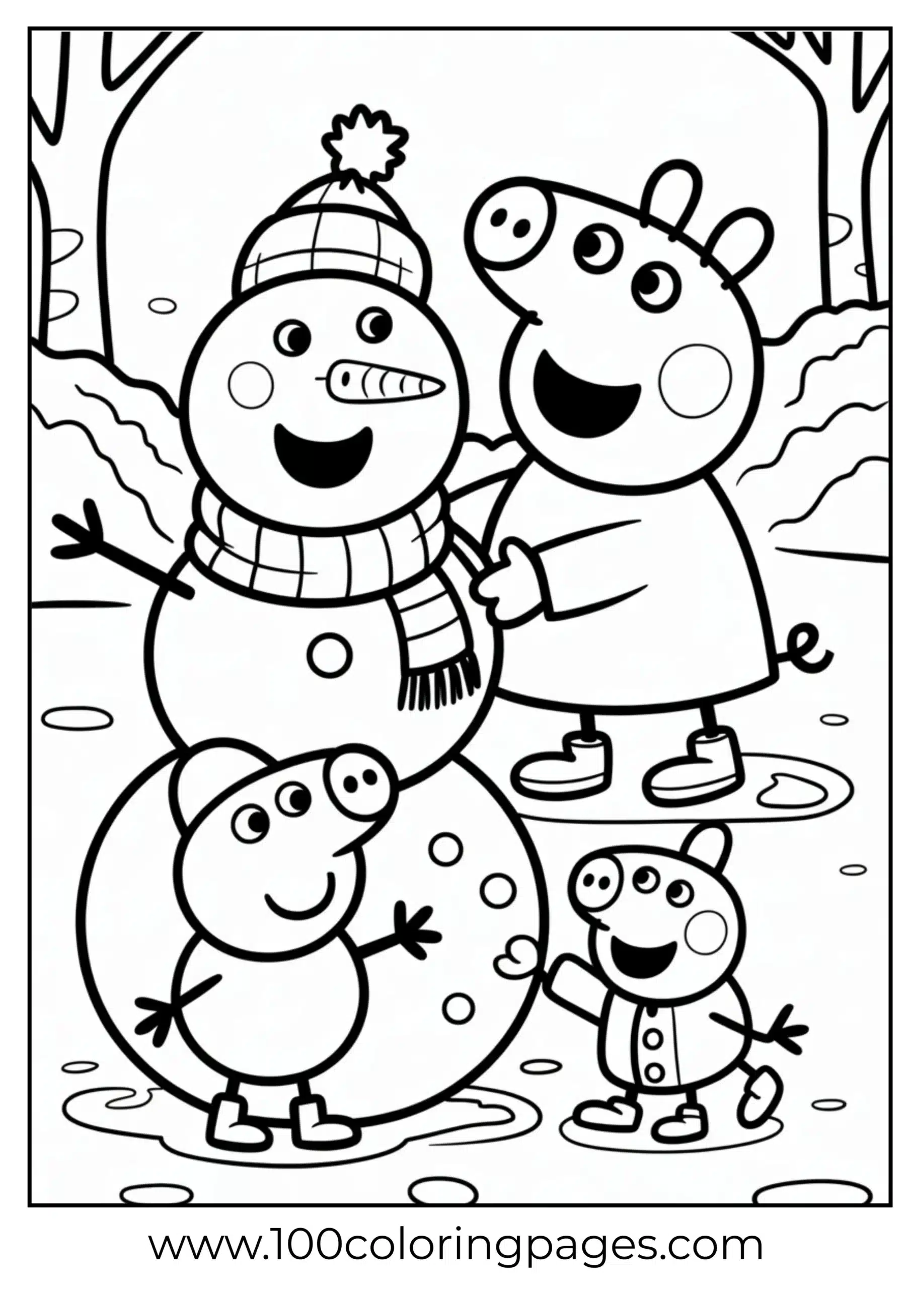 Peppa and George building snowman coloring page
