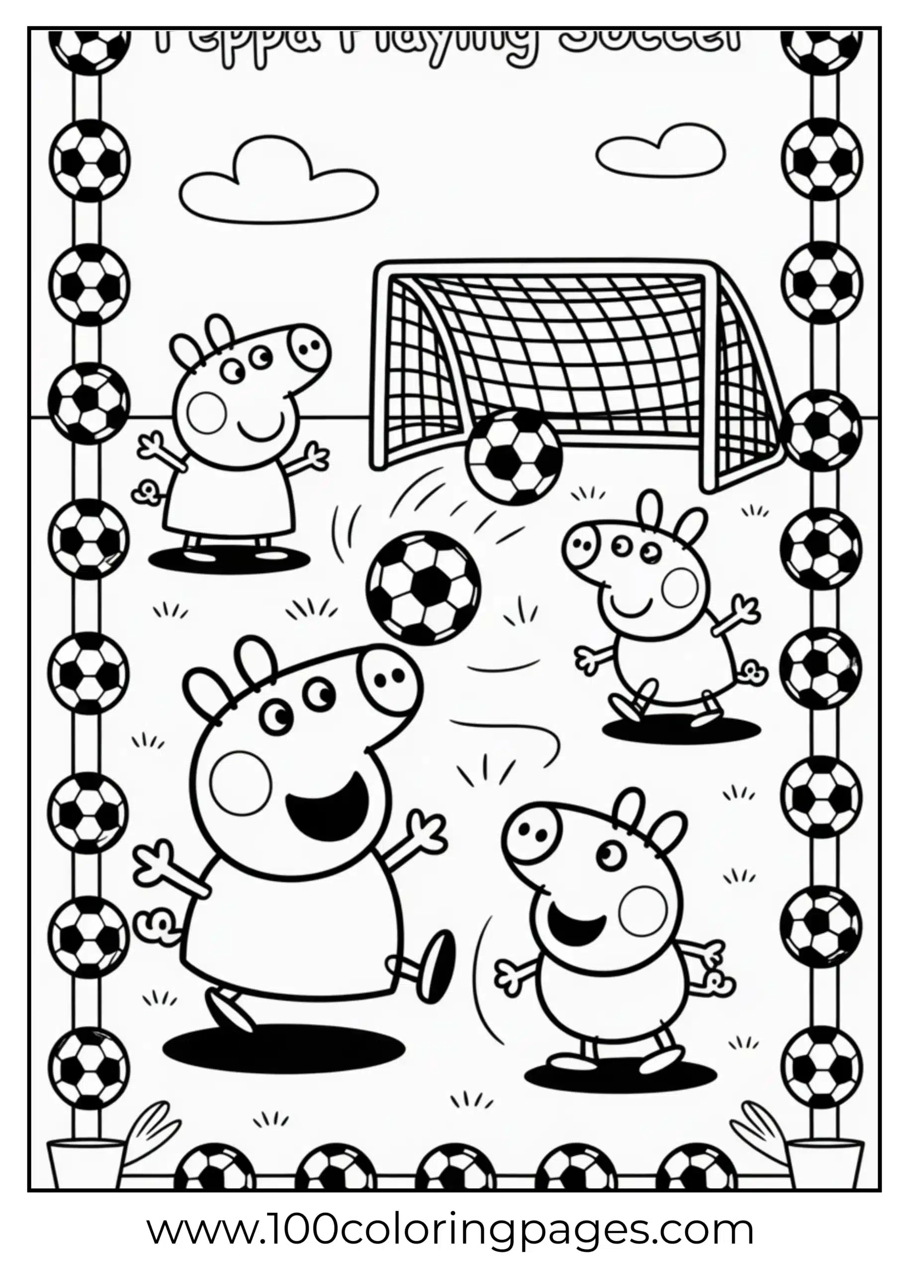 Peppa playing soccer on field with friends coloring page