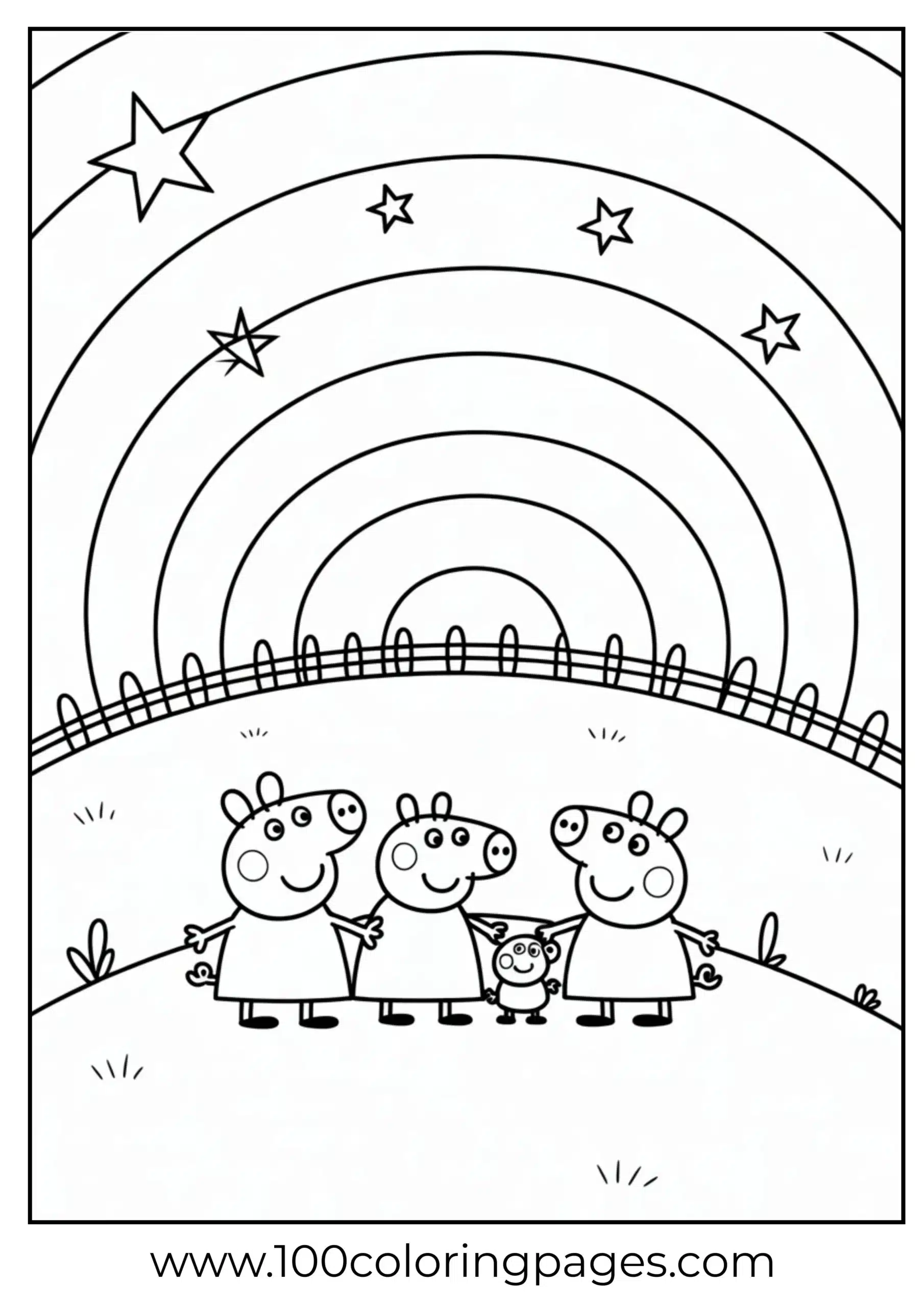 Peppa Pig family watching sunset from hill coloring page