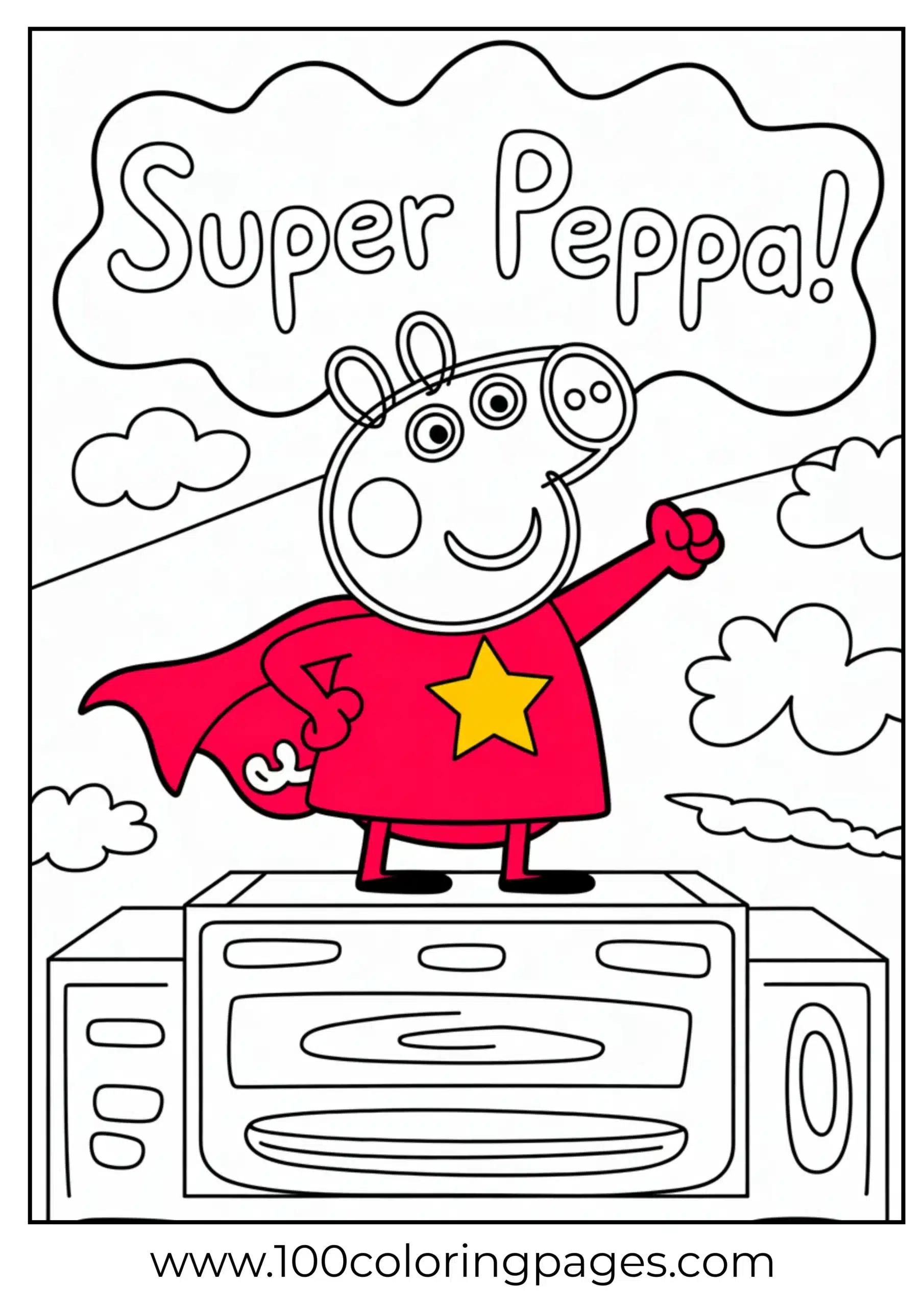 Peppa dressed as superhero flying pose coloring page