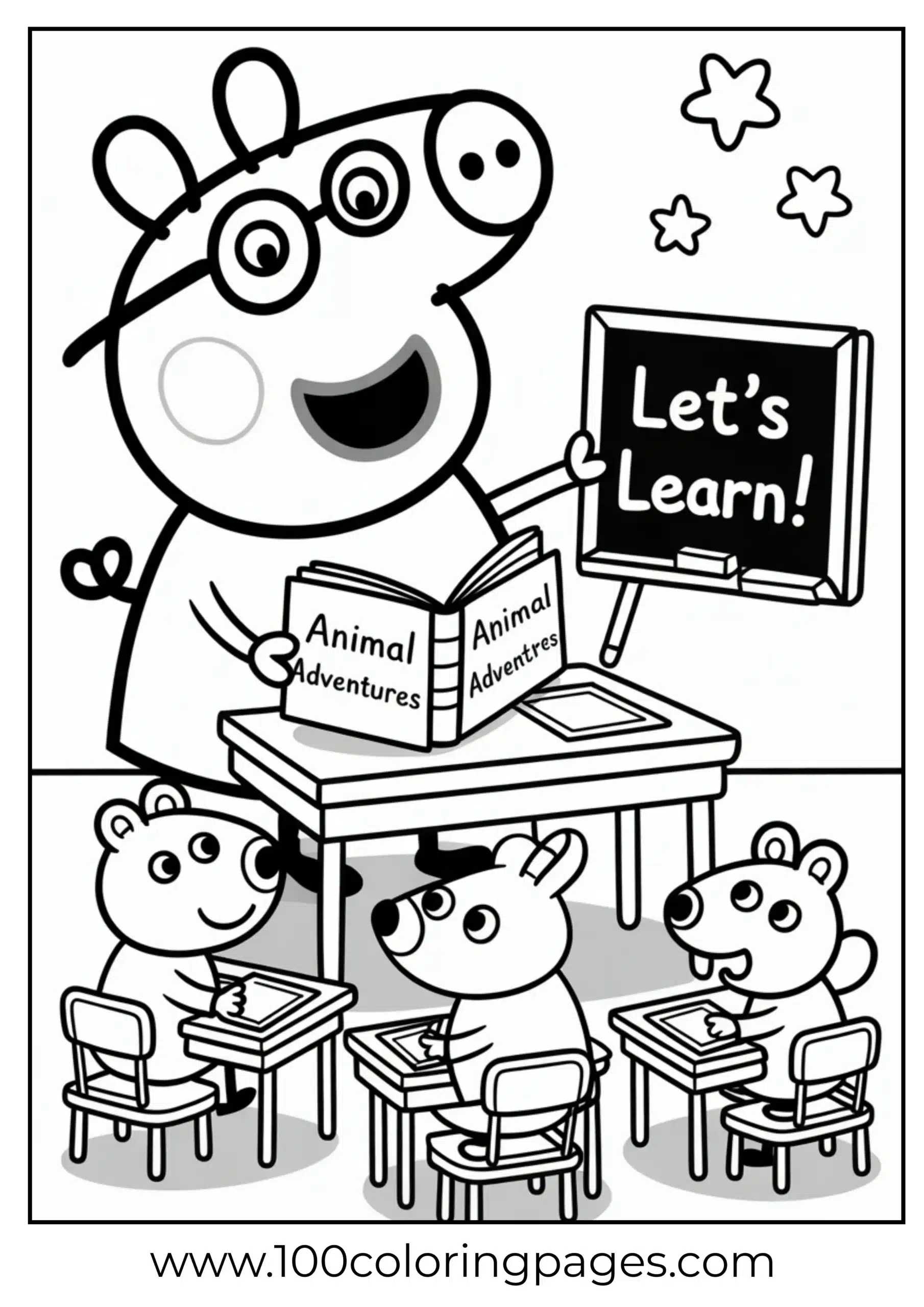 Peppa Pig pretending to teach class with book coloring page